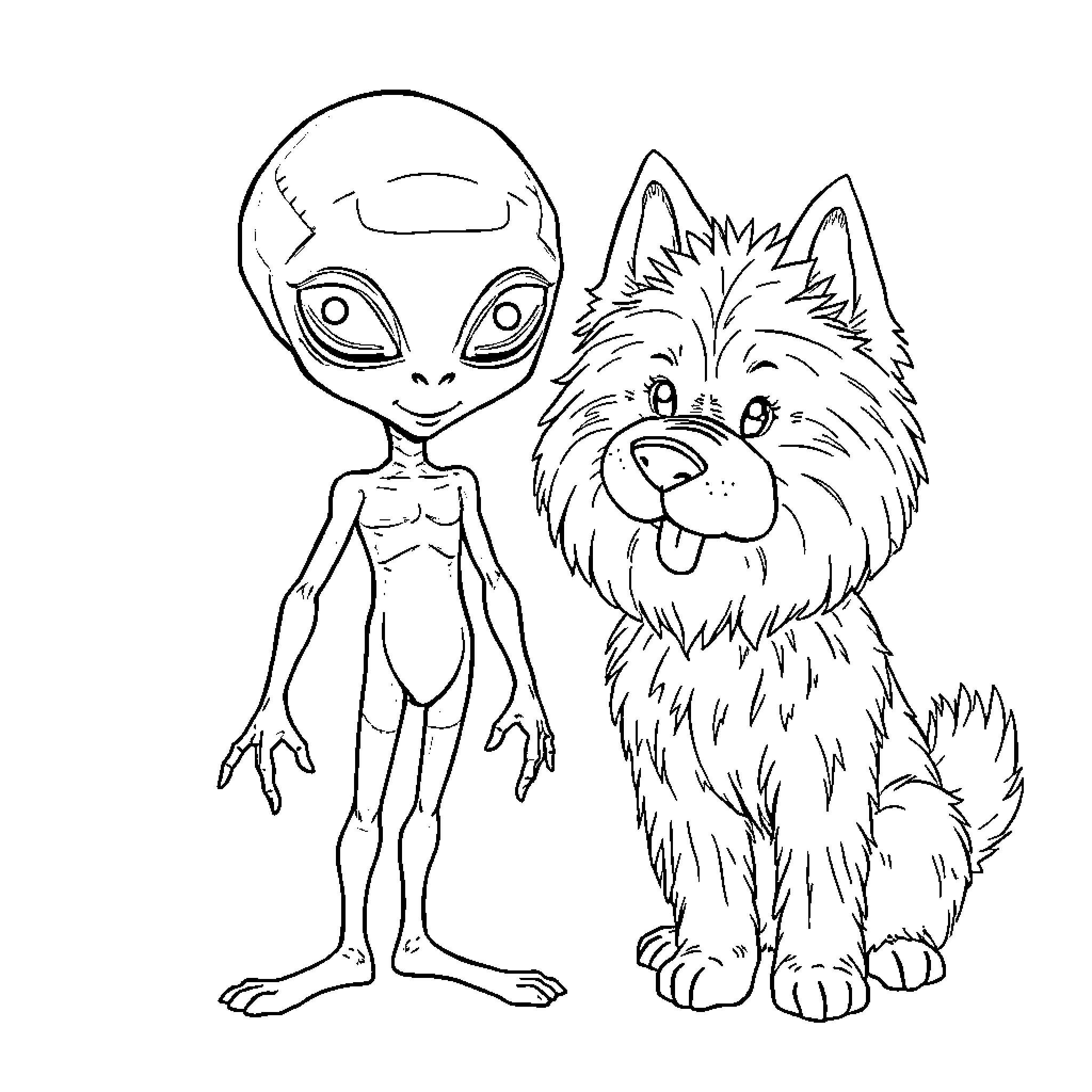 Alien and Playful Canine Coloring Page (free black-and-white line drawing printable PDF for all, from beginners to advanced learners, including children, teens, adults, and seniors)