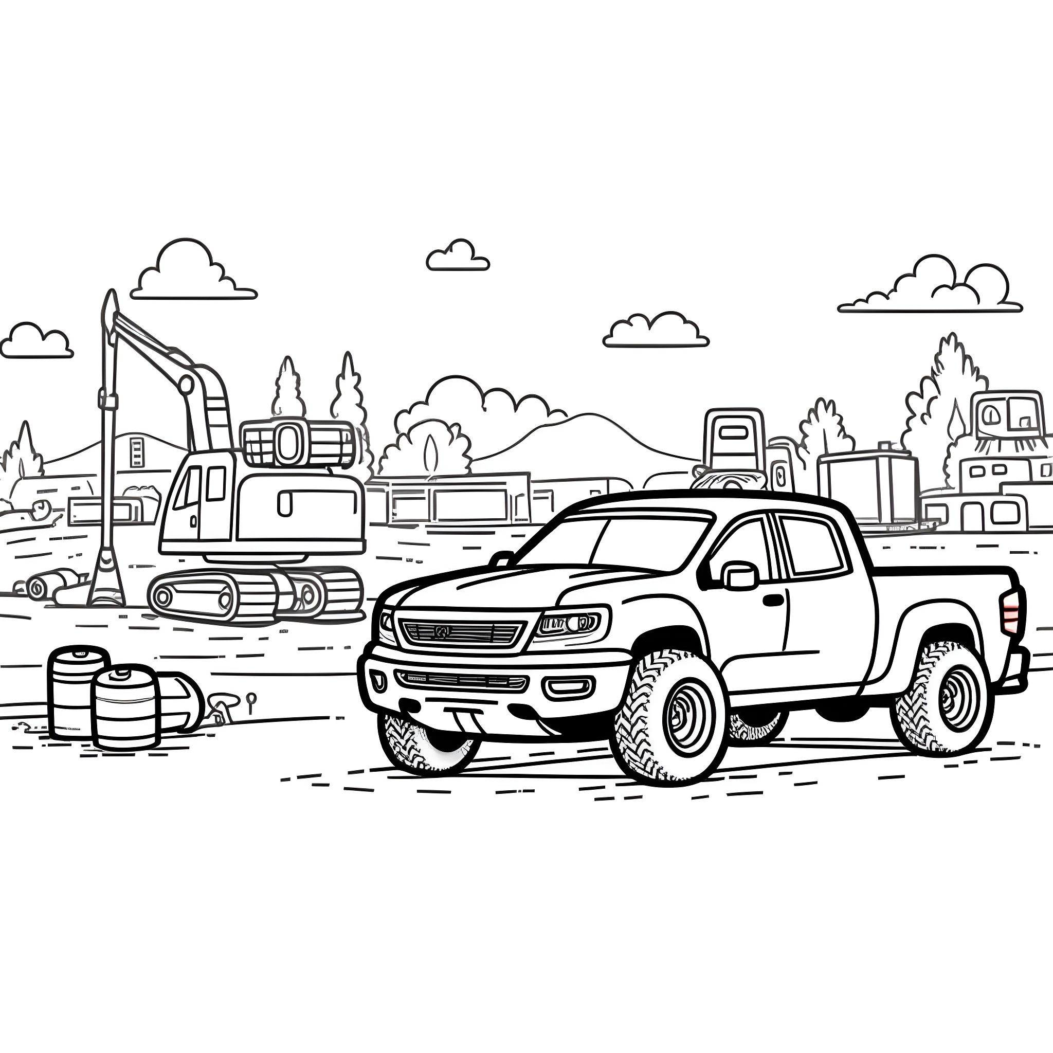 Wrecker Truck Towing a Damaged Vehicle in a Construction Site Coloring Page (free black-and-white line drawing printable PDF for all, from beginners to advanced learners, including children, teens, adults, and seniors)