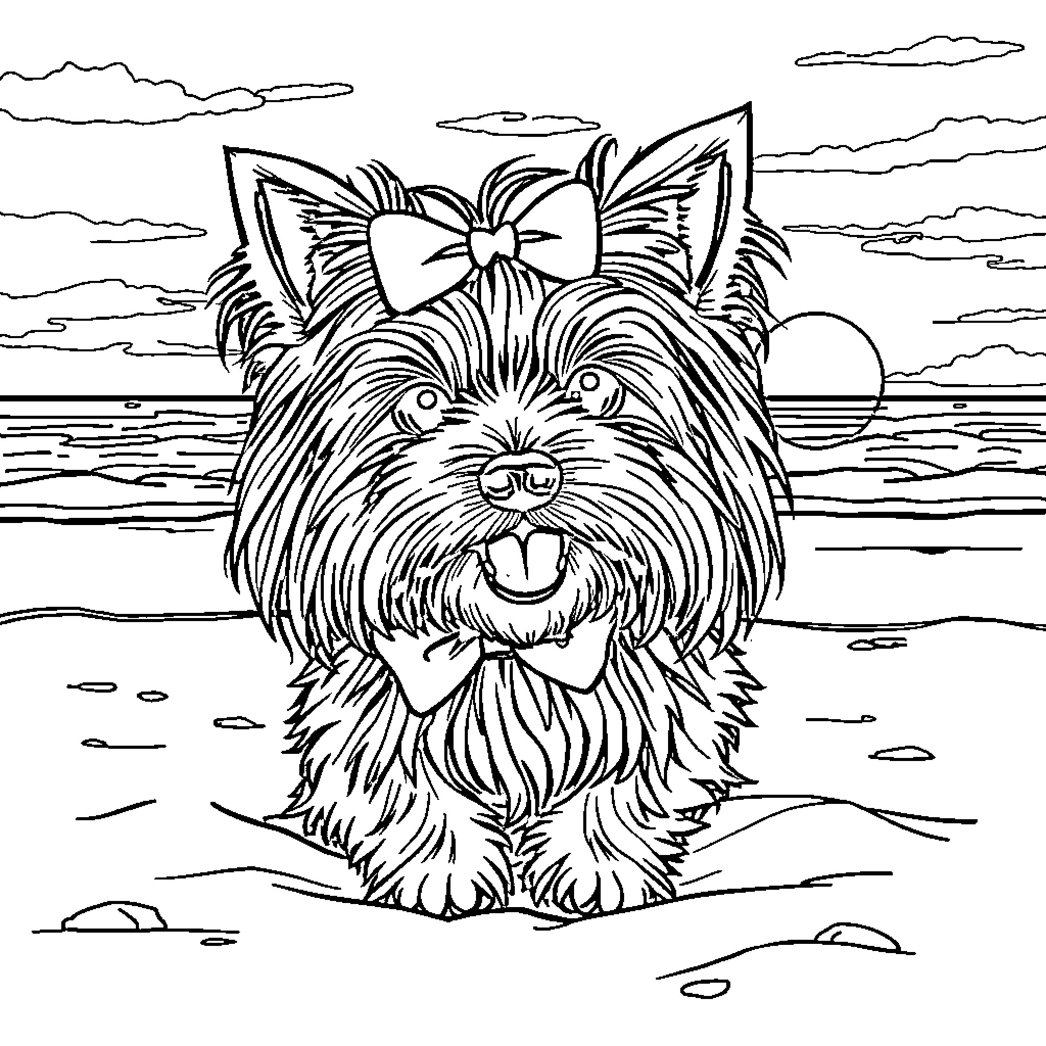 Yorkshire Terrier enjoying a peaceful sunset on the beach Coloring Page (free black-and-white line drawing printable PDF for all, from beginners to advanced learners, including children, teens, adults, and seniors)
