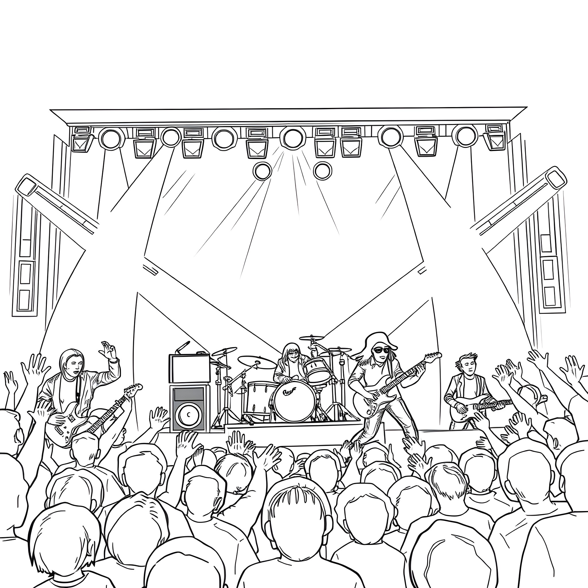 Led Zeppelin Performing on Stage with Enthusiastic Crowd Coloring Page (free black-and-white line drawing printable PDF for all, from beginners to advanced learners, including children, teens, adults, and seniors)