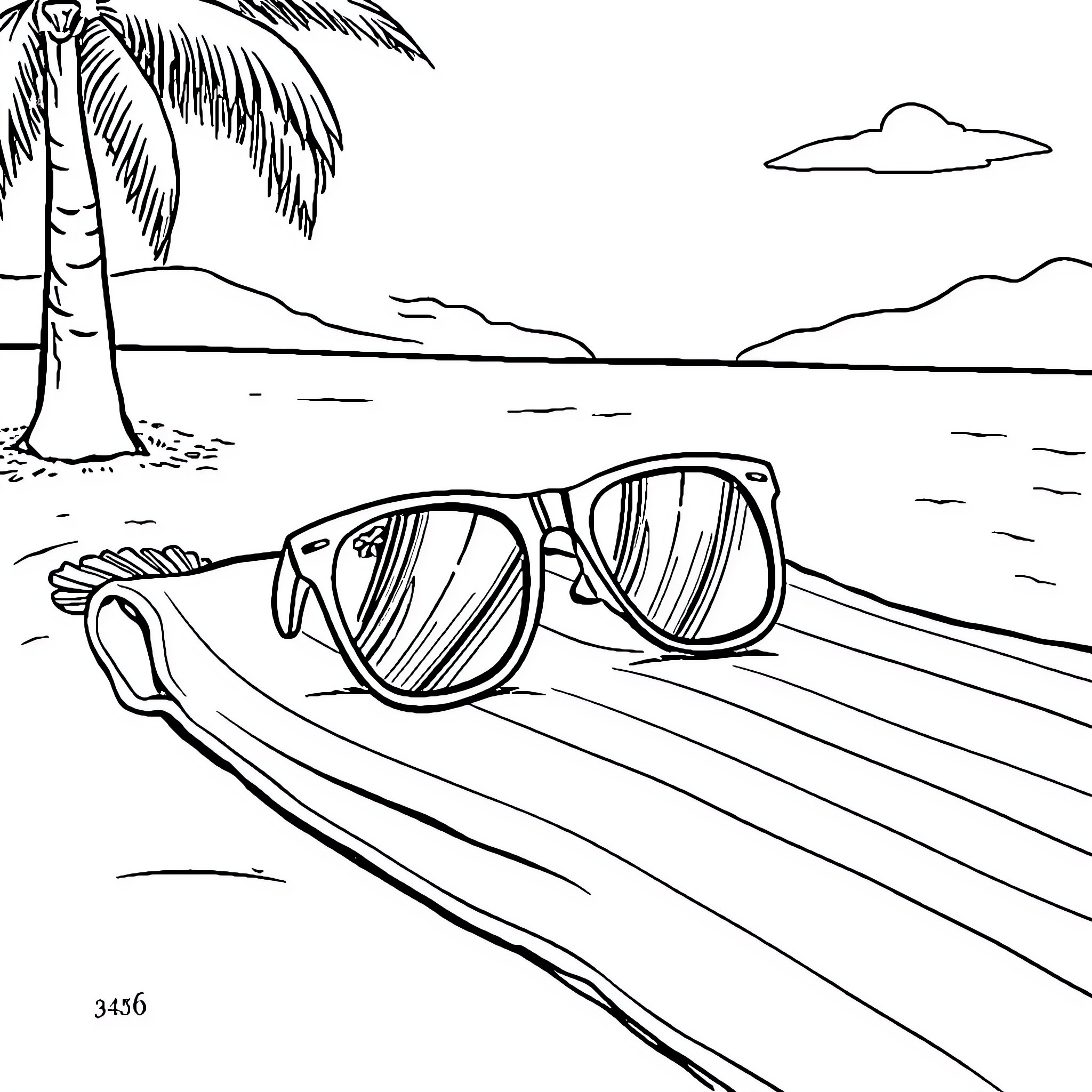 Sunglasses on the beach under palm tree Coloring Page (free black-and-white line drawing printable PDF for all, from beginners to advanced learners, including children, teens, adults, and seniors)