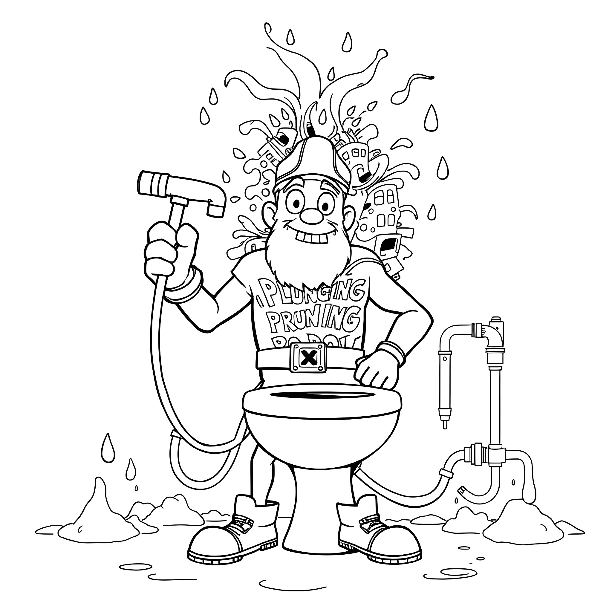 Plungerman's Plumbing Prowess Coloring Page (free black-and-white line drawing printable PDF for all, from beginners to advanced learners, including children, teens, adults, and seniors)