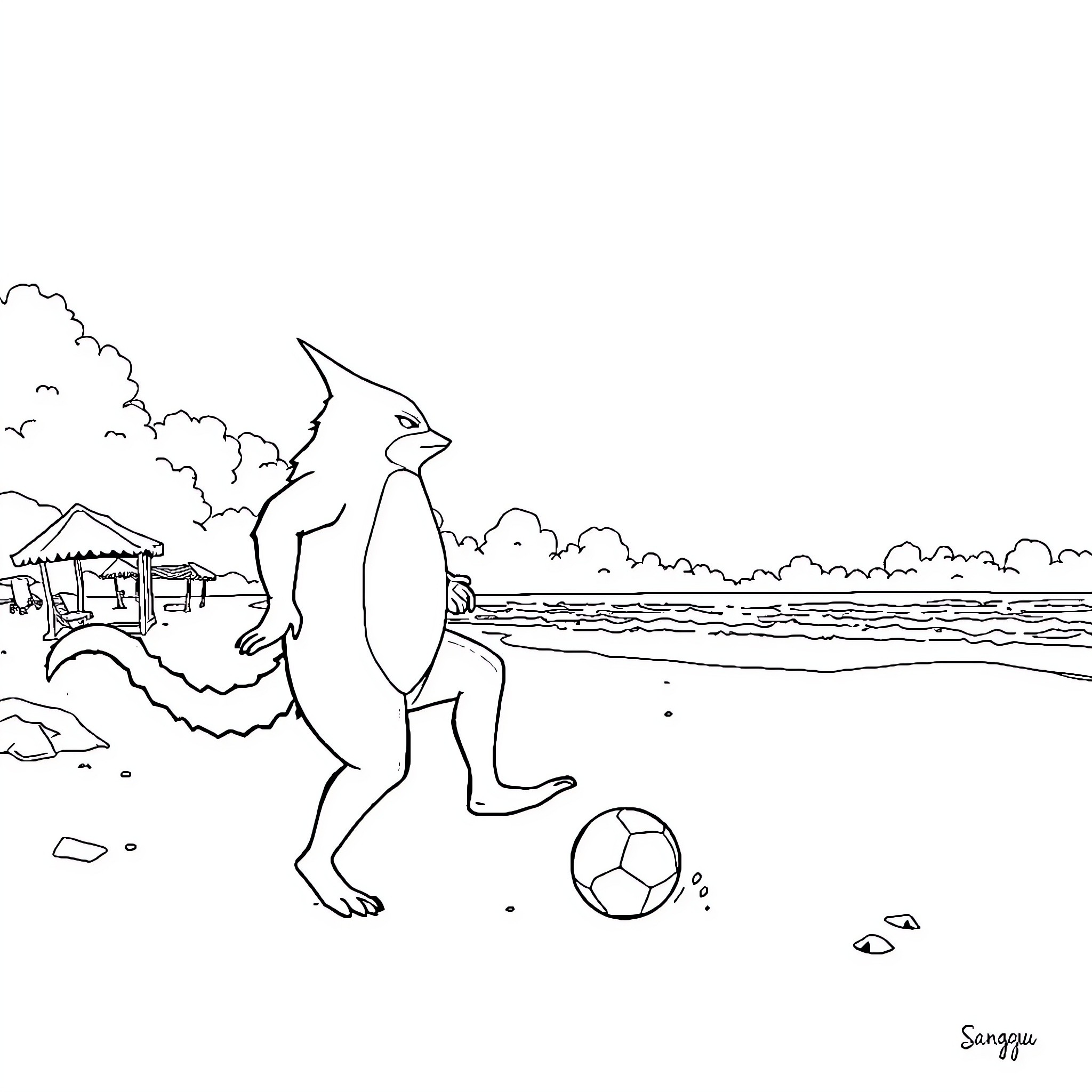 Bat playing soccer on the beach Coloring Page (free black-and-white line drawing printable PDF for all, from beginners to advanced learners, including children, teens, adults, and seniors)