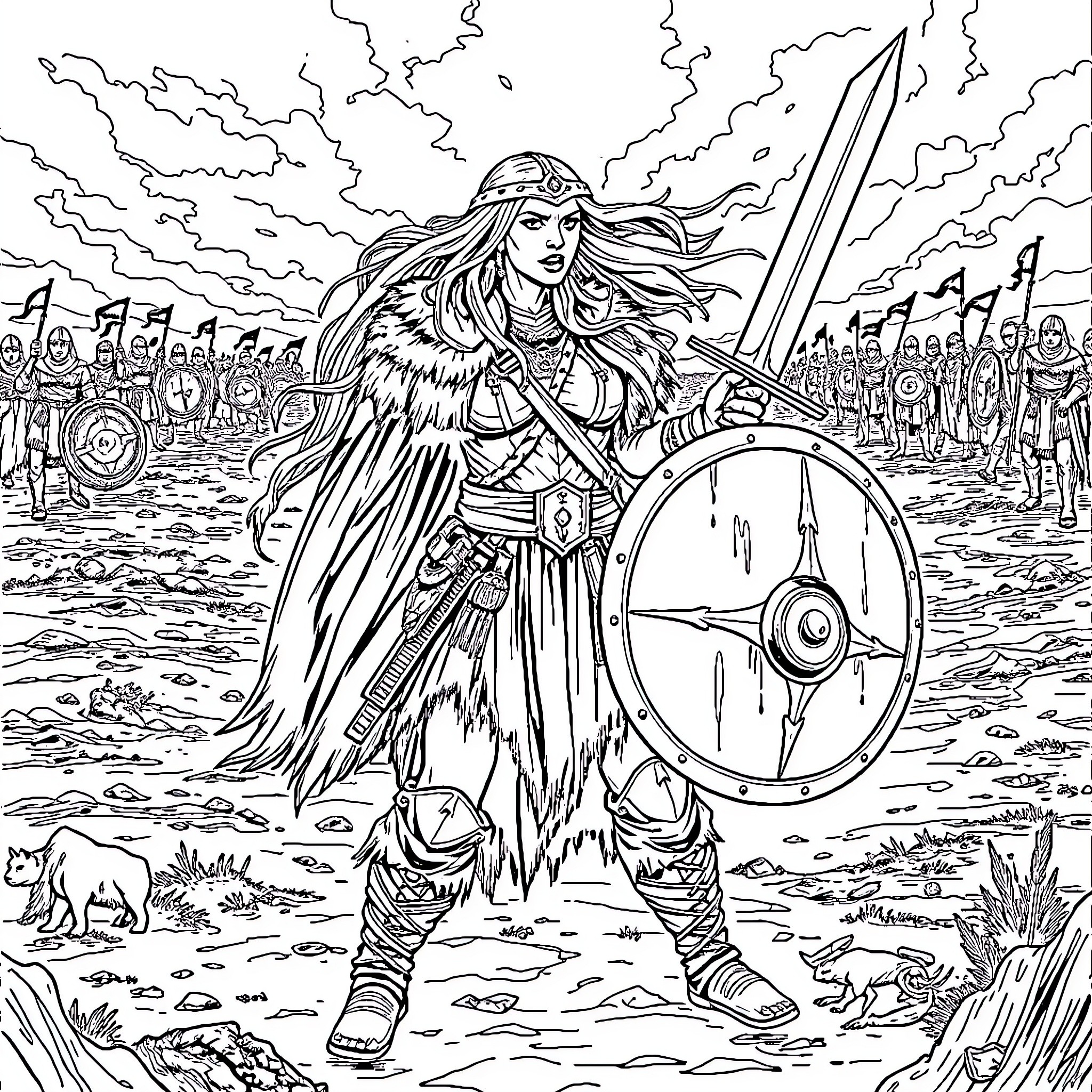 Warrior Goddess Marches into Battle with Sword and Shield Coloring Page (free black-and-white line drawing printable PDF for all, from beginners to advanced learners, including children, teens, adults, and seniors)