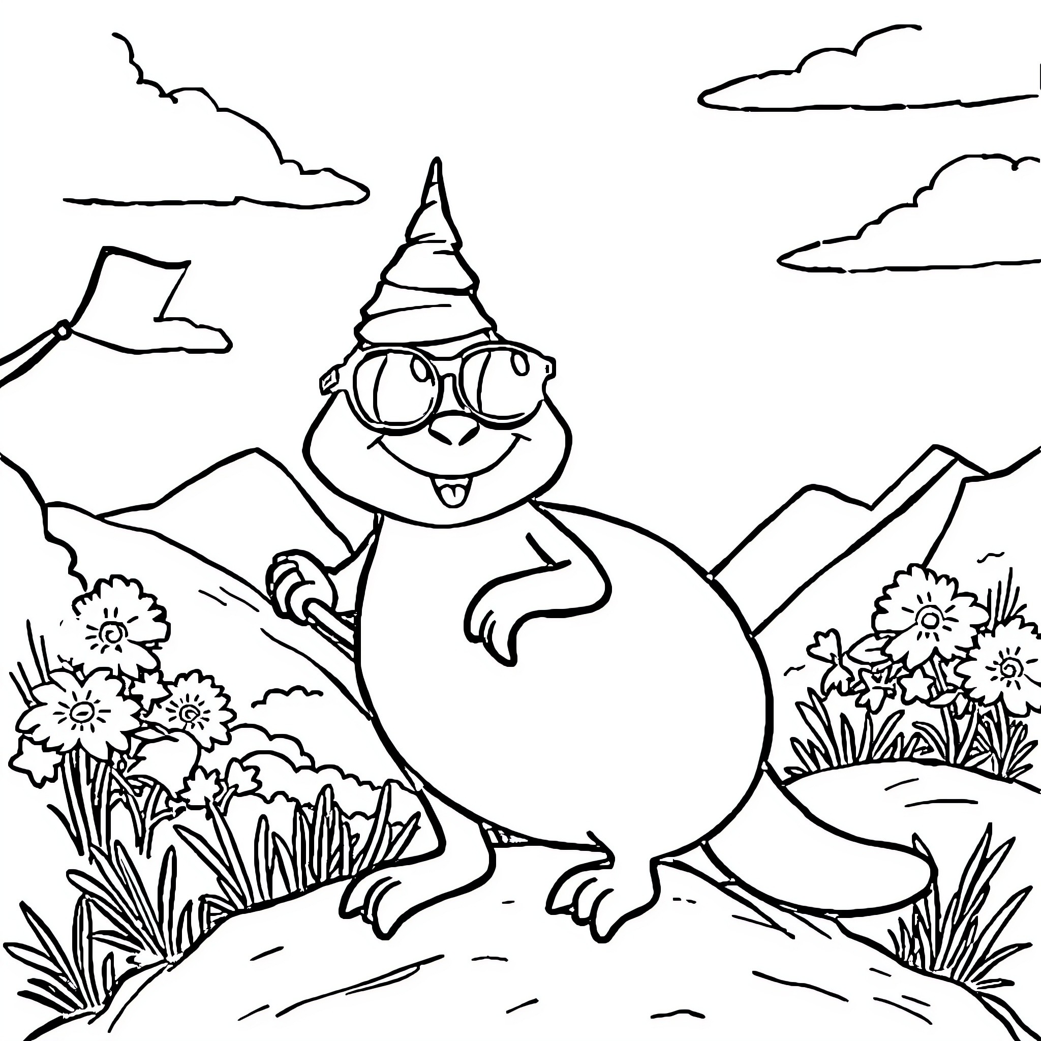 Mono Joyful Character Exploring Scenic Nature Coloring Page (free black-and-white line drawing printable PDF for all, from beginners to advanced learners, including children, teens, adults, and seniors)