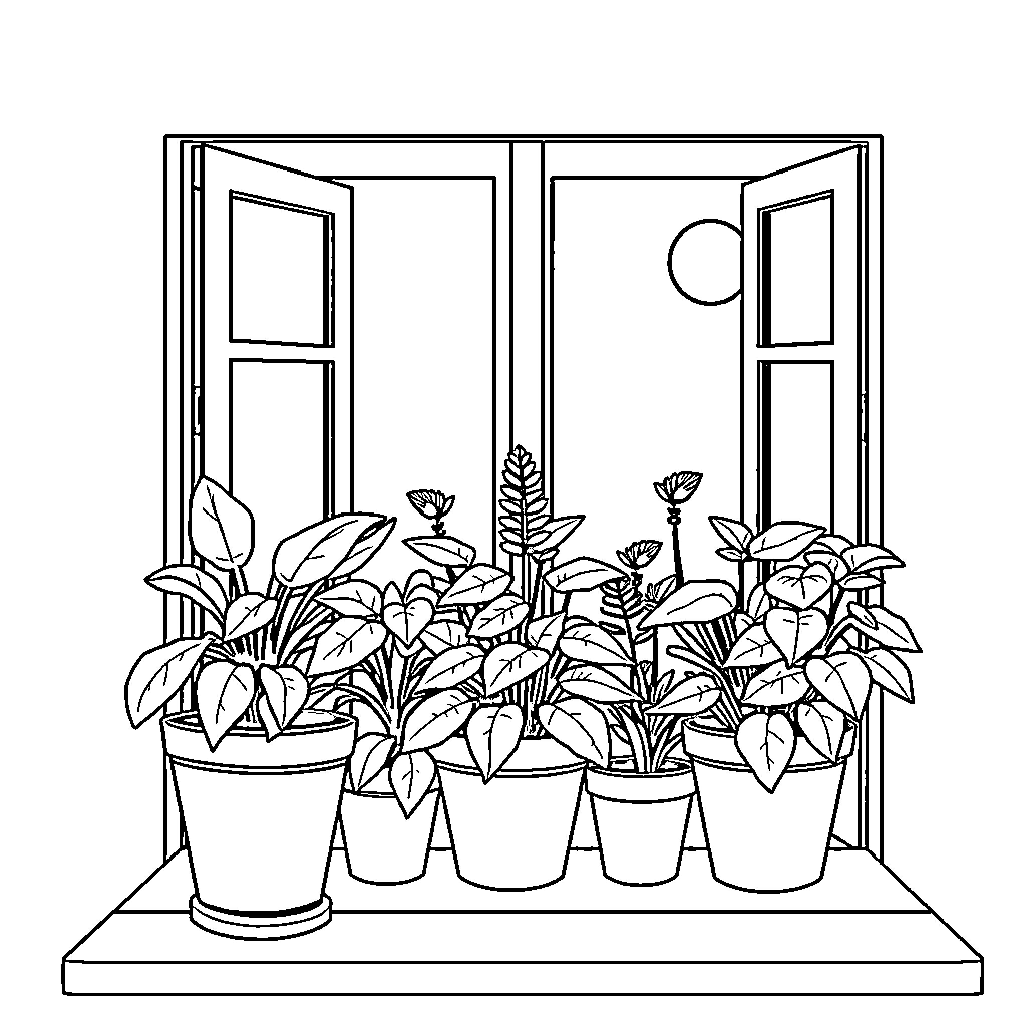 Plant Potted Foliage Displayed in Window Frame Coloring Page (free black-and-white line drawing printable PDF for all, from beginners to advanced learners, including children, teens, adults, and seniors)