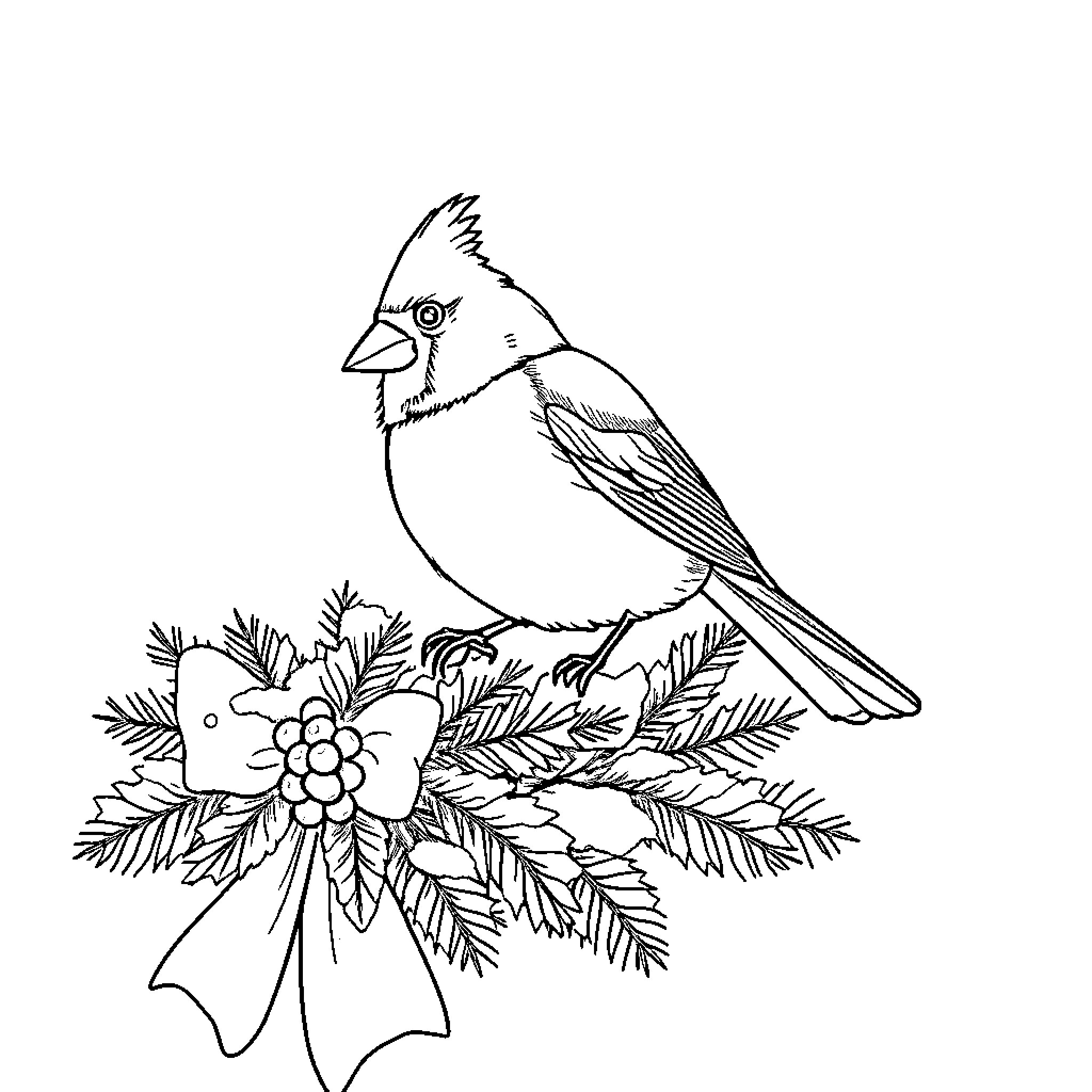 Cardinal perched on a festive branch Coloring Page (free black-and-white line drawing printable PDF for all, from beginners to advanced learners, including children, teens, adults, and seniors)
