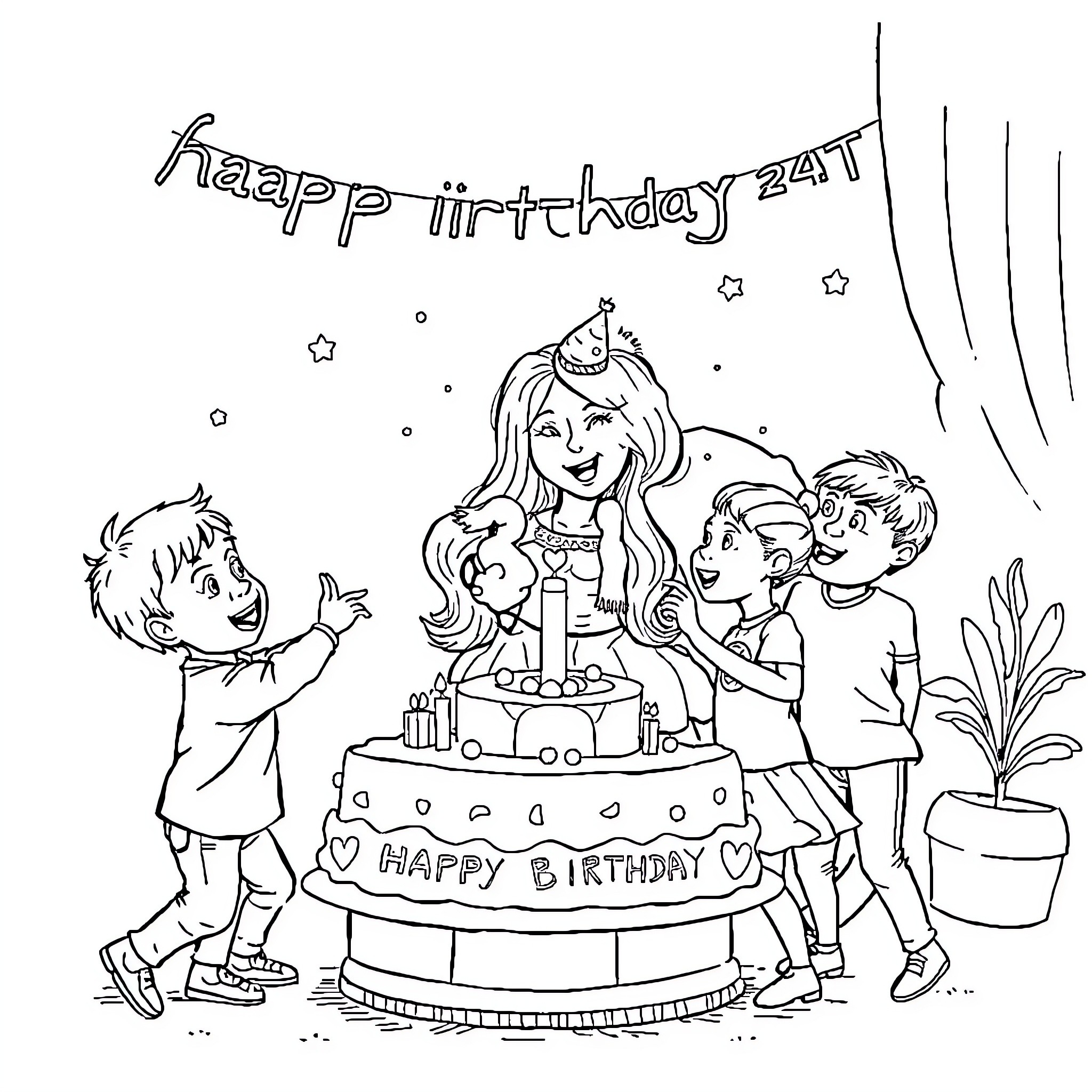 Mom and kids celebrating a birthday with a cake Coloring Page (free black-and-white line drawing printable PDF for all, from beginners to advanced learners, including children, teens, adults, and seniors)