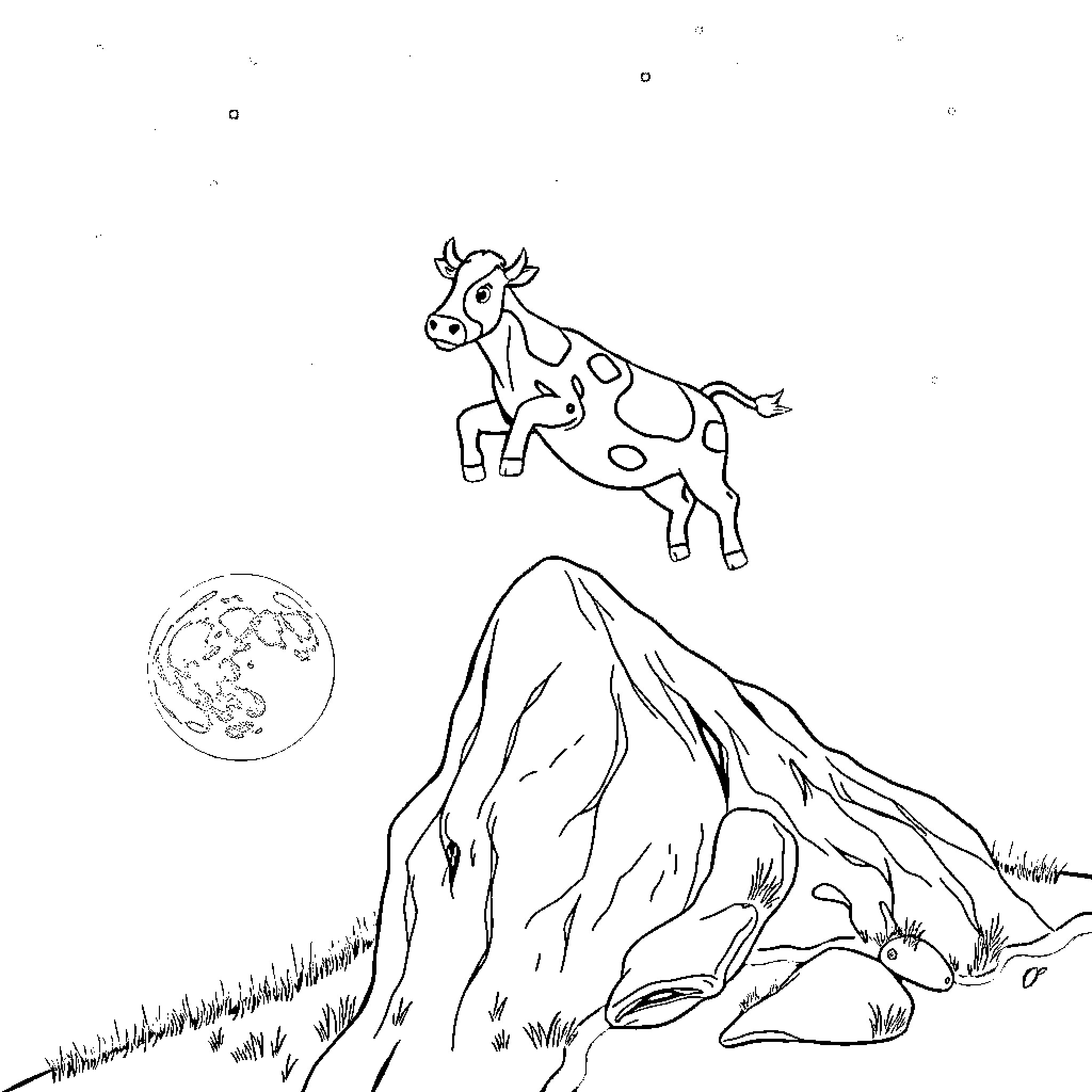 Cow jumping over the moon on a mountain landscape Coloring Page (free black-and-white line drawing printable PDF for all, from beginners to advanced learners, including children, teens, adults, and seniors)