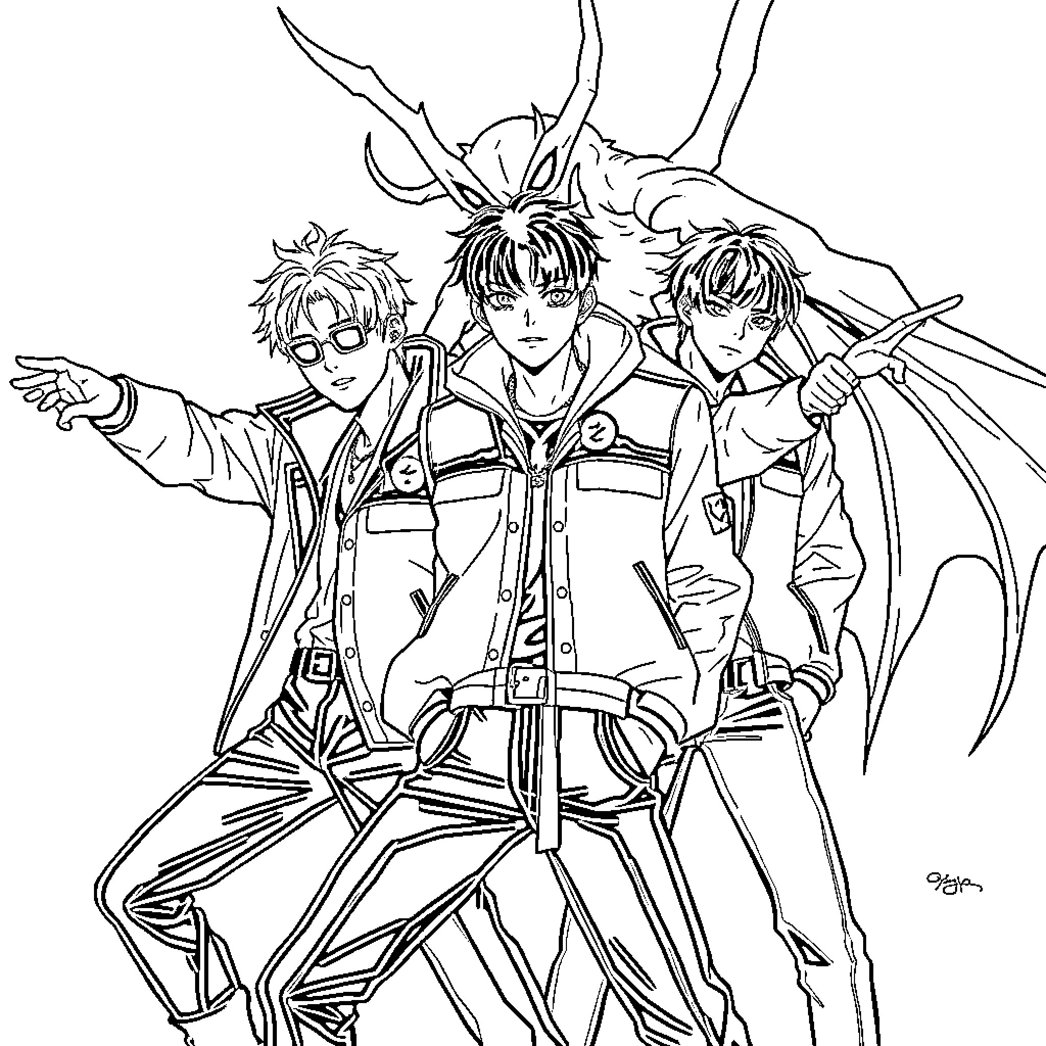 Saja Boys in Heroic Poses Coloring Page (free black-and-white line drawing printable PDF for all, from beginners to advanced learners, including children, teens, adults, and seniors)