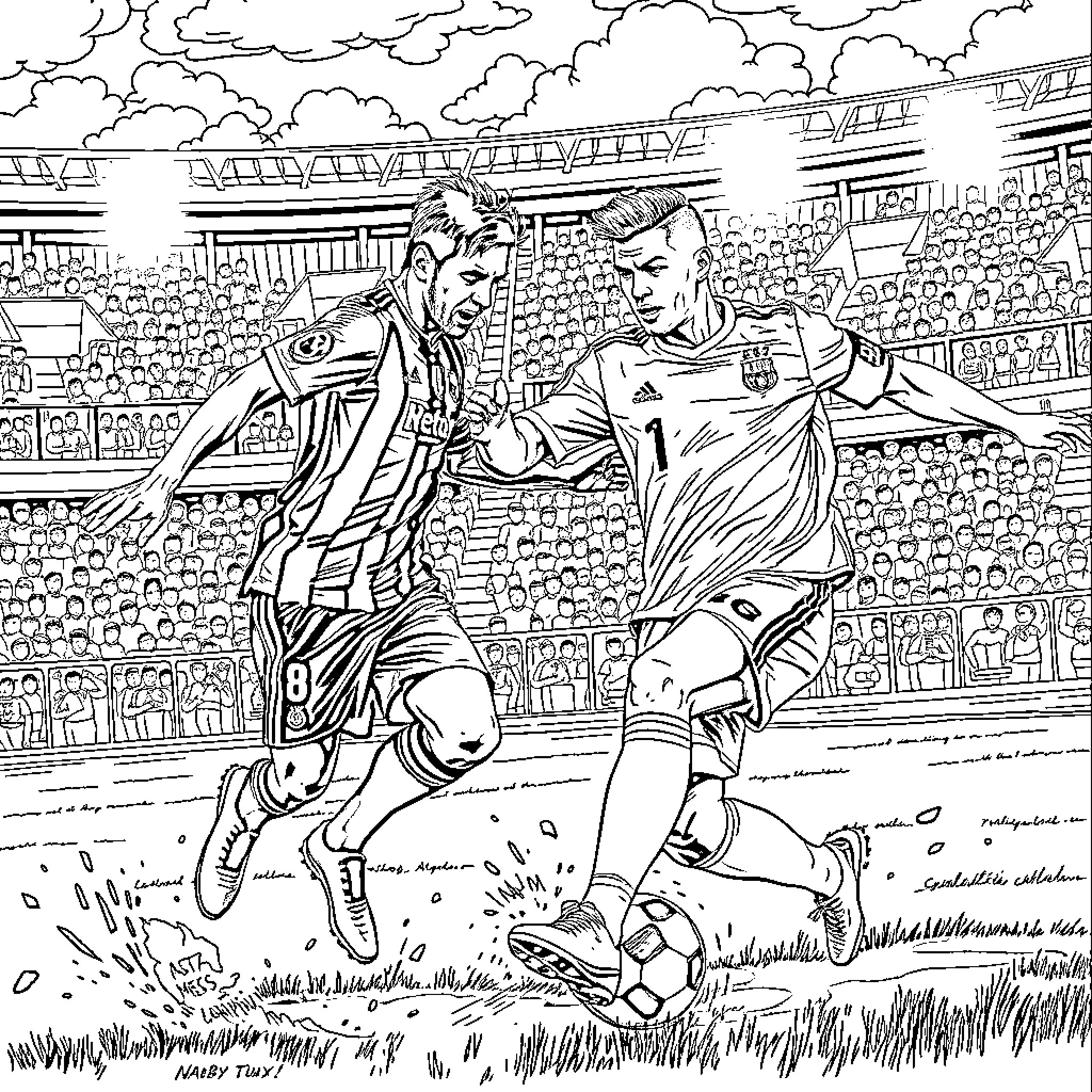 Messi and opponent facing off on the soccer field Coloring Page (free black-and-white line drawing printable PDF for all, from beginners to advanced learners, including children, teens, adults, and seniors)