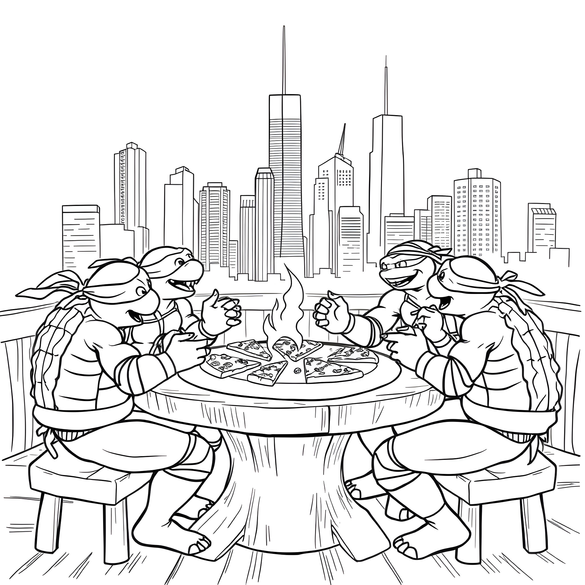 Ninja Turtles enjoying a pizza party with the city skyline Coloring Page (free black-and-white line drawing printable PDF for all, from beginners to advanced learners, including children, teens, adults, and seniors)