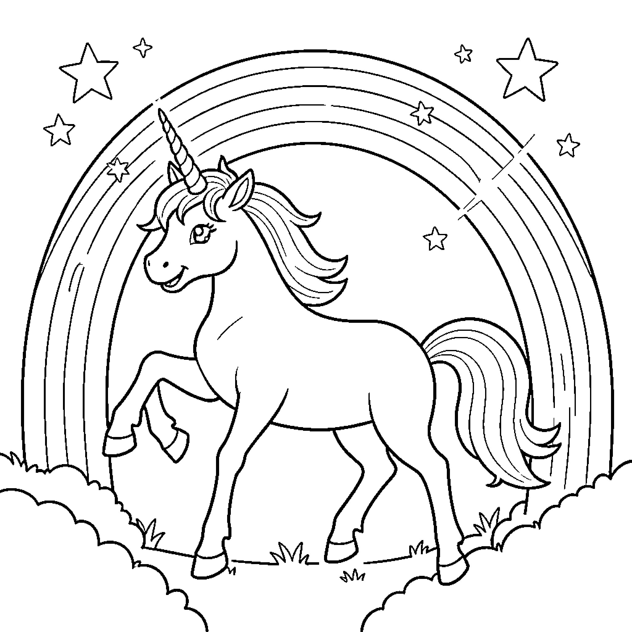 Unicorn standing joyfully under a bright rainbow and stars Coloring Page (free black-and-white line drawing printable PDF for all, from beginners to advanced learners, including children, teens, adults, and seniors)