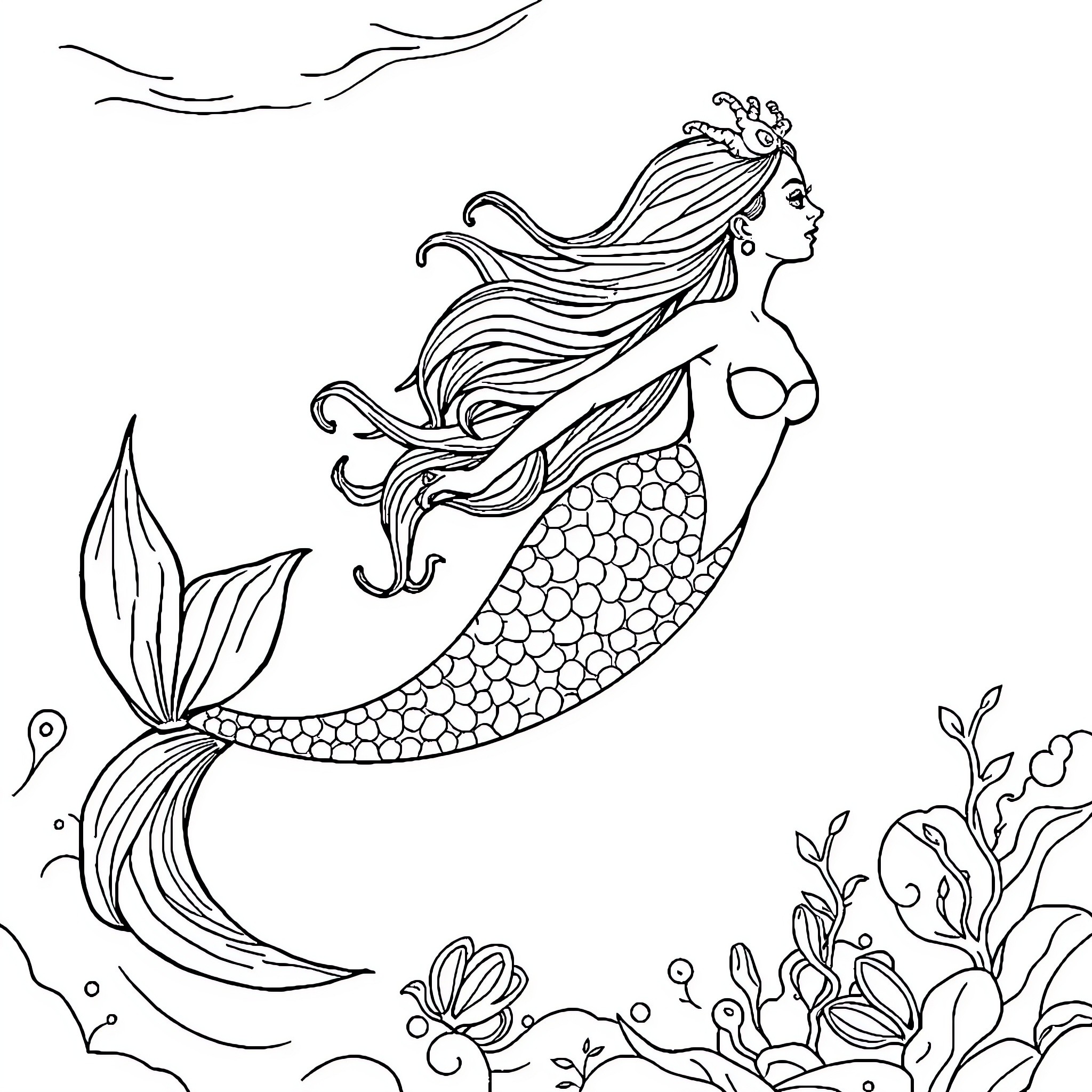 Mermaid swimming amidst underwater flora Coloring Page (free black-and-white line drawing printable PDF for all, from beginners to advanced learners, including children, teens, adults, and seniors)