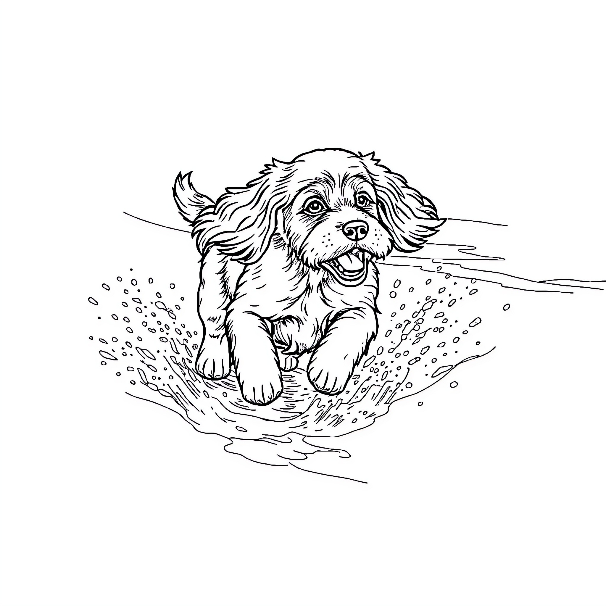 Cocker Spaniel playing joyfully in the water Coloring Page (free black-and-white line drawing printable PDF for all, from beginners to advanced learners, including children, teens, adults, and seniors)