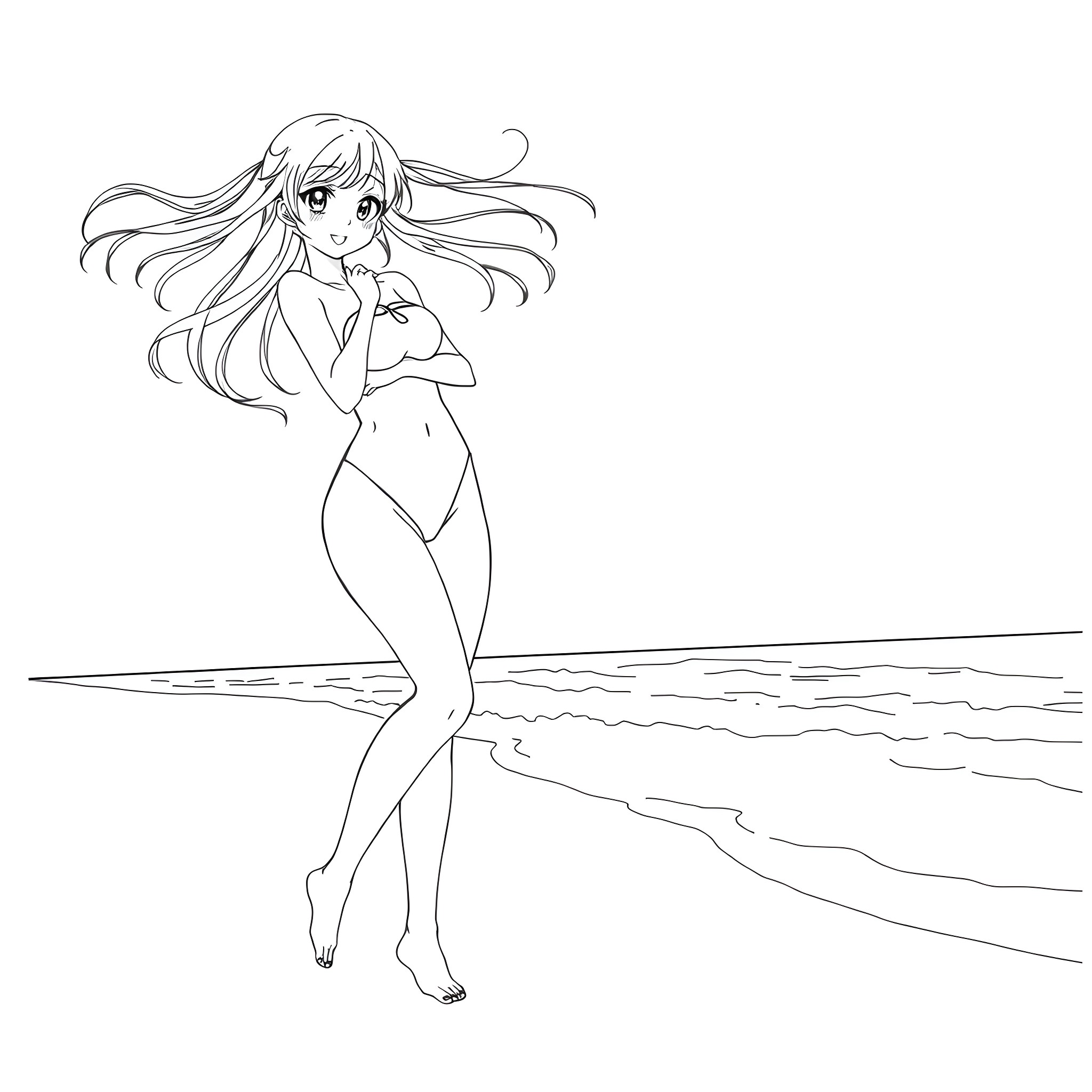 Mitsuri Kanaroji's Enchanting Beach Pose Coloring Page (free black-and-white line drawing printable PDF for all, from beginners to advanced learners, including children, teens, adults, and seniors)
