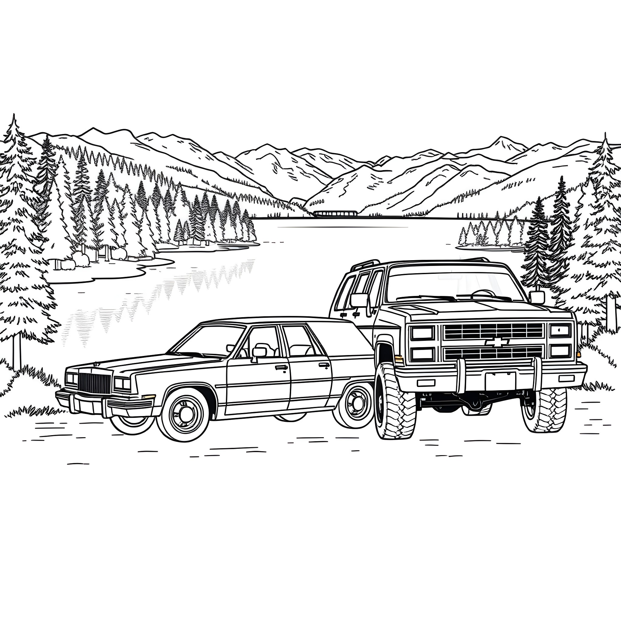 Cars parked in the wilderness near mountain lake Coloring Page (free black-and-white line drawing printable PDF for all, from beginners to advanced learners, including children, teens, adults, and seniors)