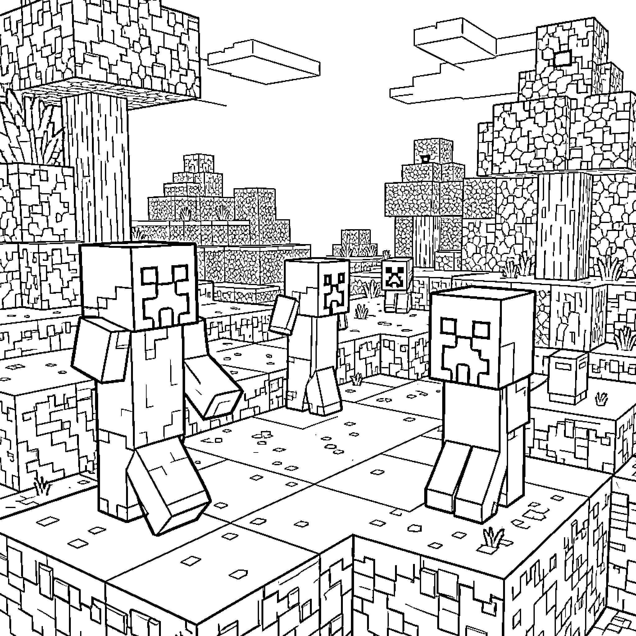 Creeper characters walking through a blocky landscape Coloring Page (free black-and-white line drawing printable PDF for all, from beginners to advanced learners, including children, teens, adults, and seniors)