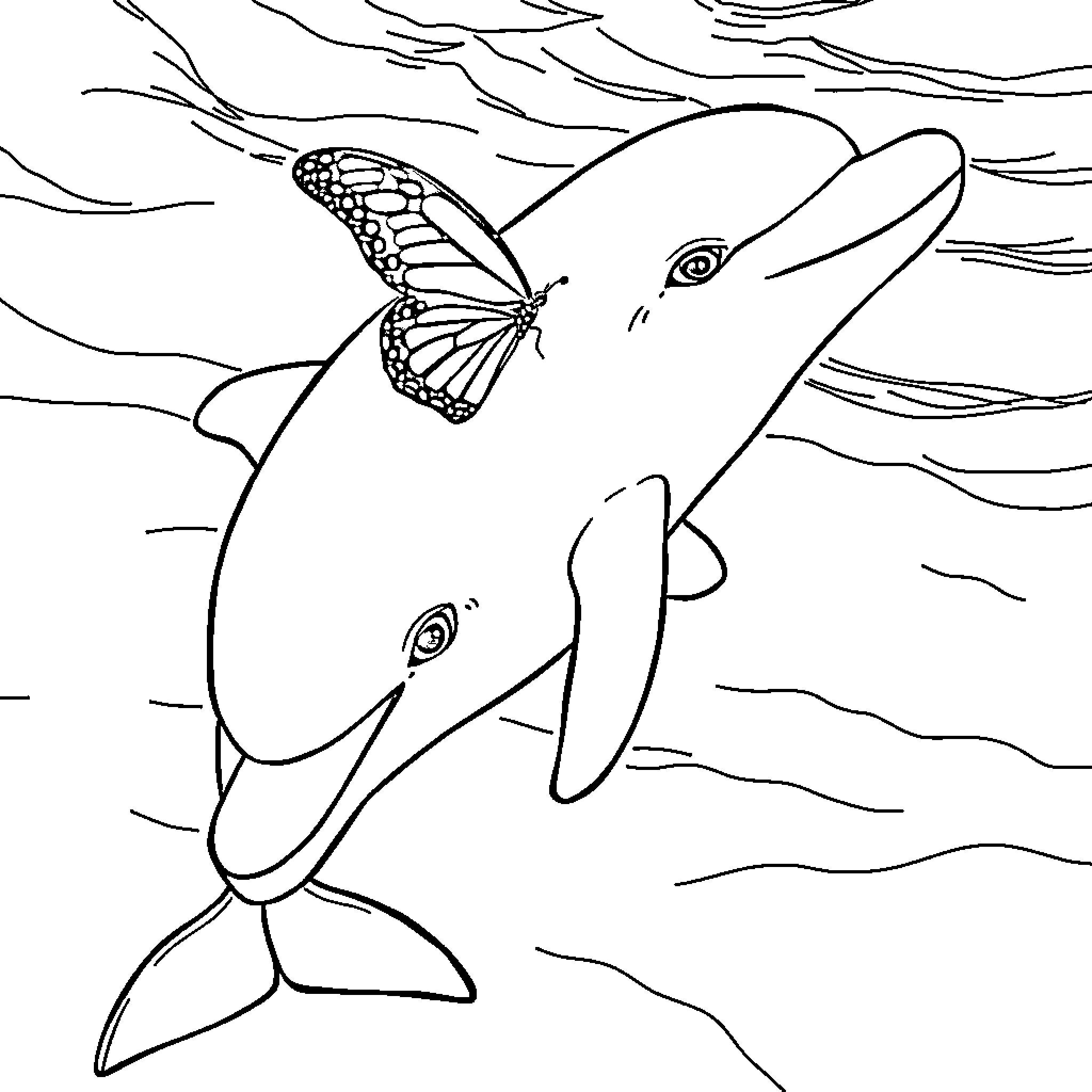 Butterfly-themed Dolphin Swimming in Ocean Coloring Page (free black-and-white line drawing printable PDF for all, from beginners to advanced learners, including children, teens, adults, and seniors)