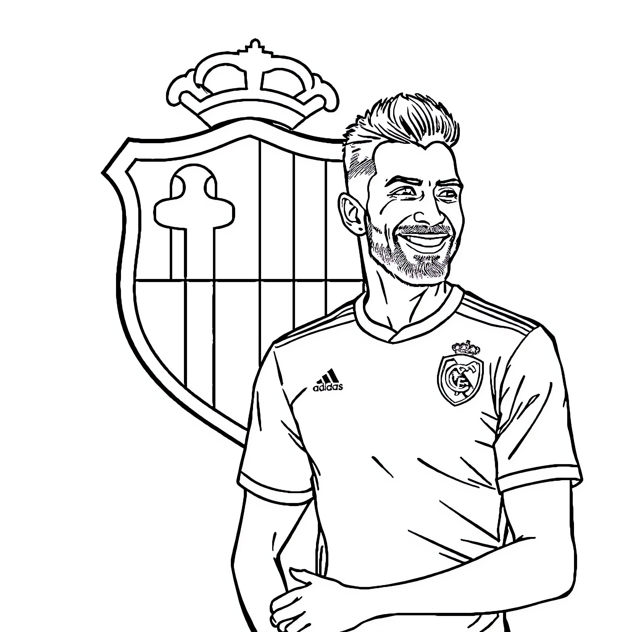 Betis player standing confidently in uniform Coloring Page (free black-and-white line drawing printable PDF for all, from beginners to advanced learners, including children, teens, adults, and seniors)