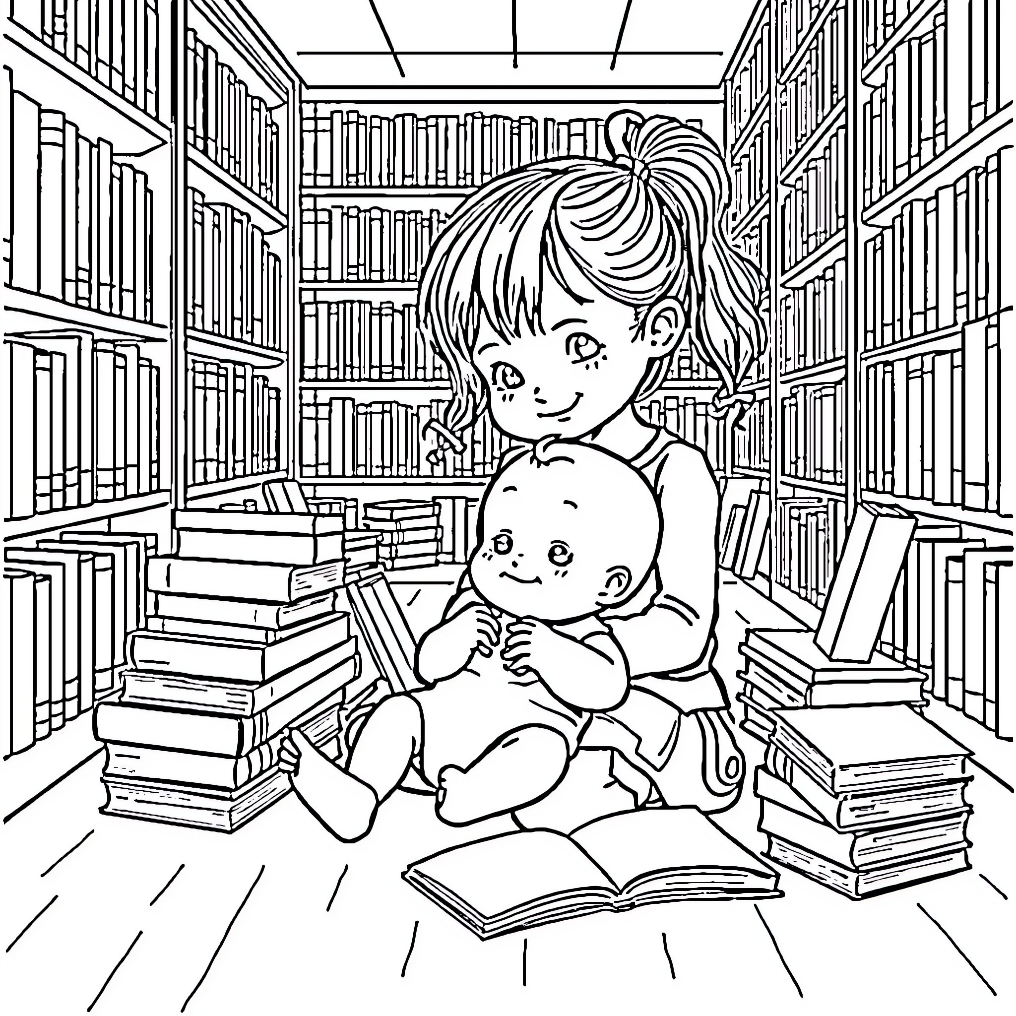 Girl reading book with baby in library Coloring Page (free black-and-white line drawing printable PDF for all, from beginners to advanced learners, including children, teens, adults, and seniors)