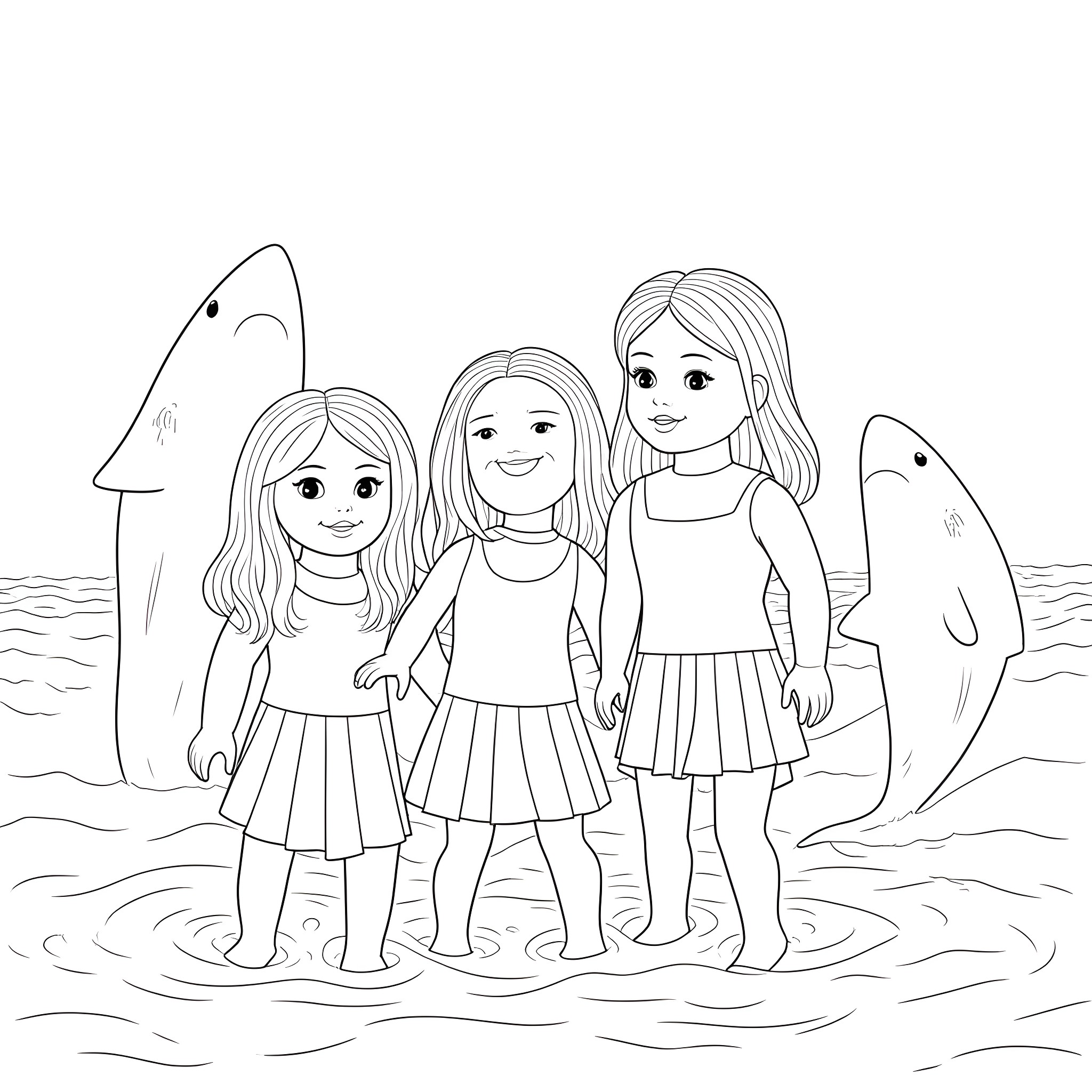 American Girl Dolls Playing with Sharks on the Beach Coloring Page (free black-and-white line drawing printable PDF for all, from beginners to advanced learners, including children, teens, adults, and seniors)