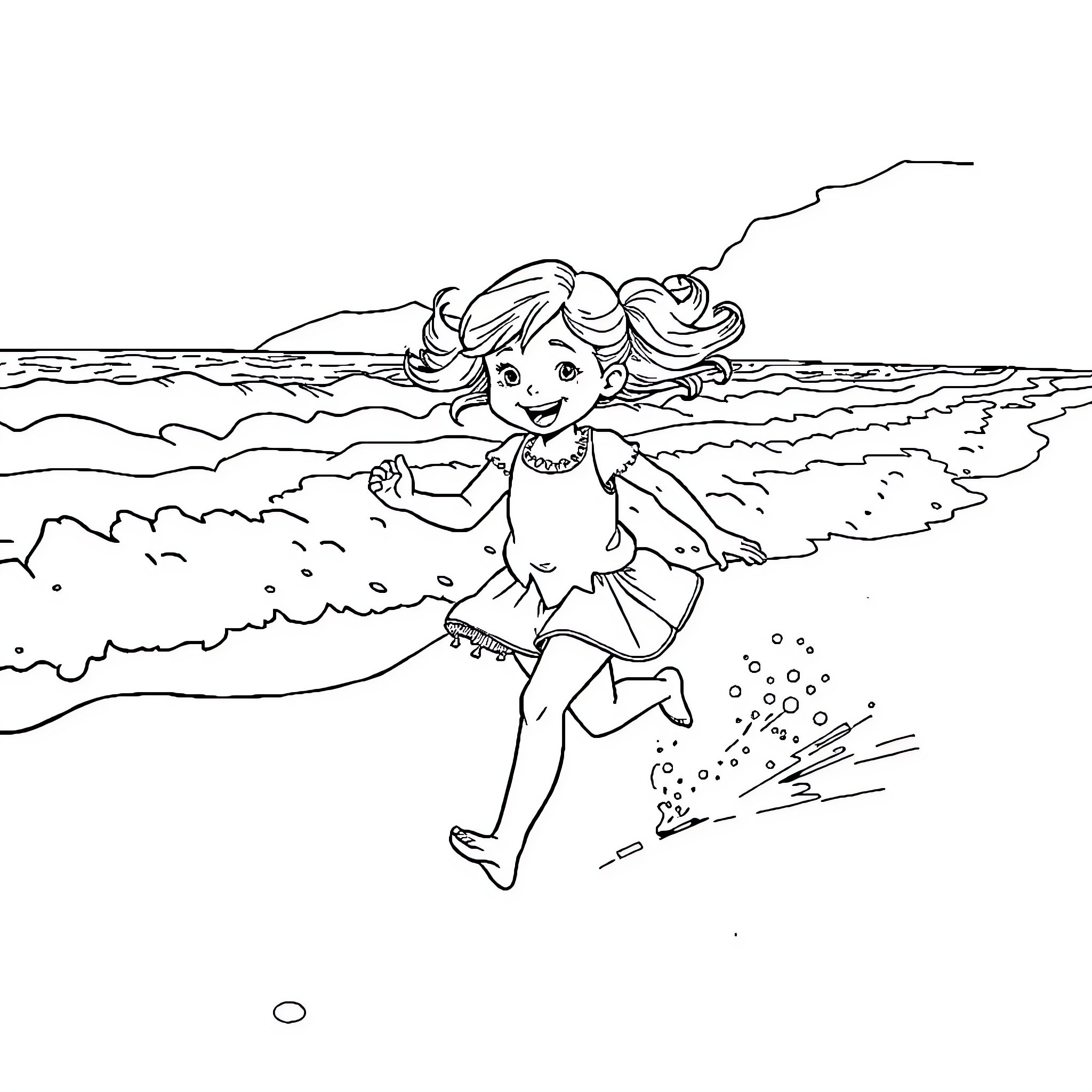 Girl Happily Running and Splashing in the Ocean Coloring Page (free black-and-white line drawing printable PDF for all, from beginners to advanced learners, including children, teens, adults, and seniors)