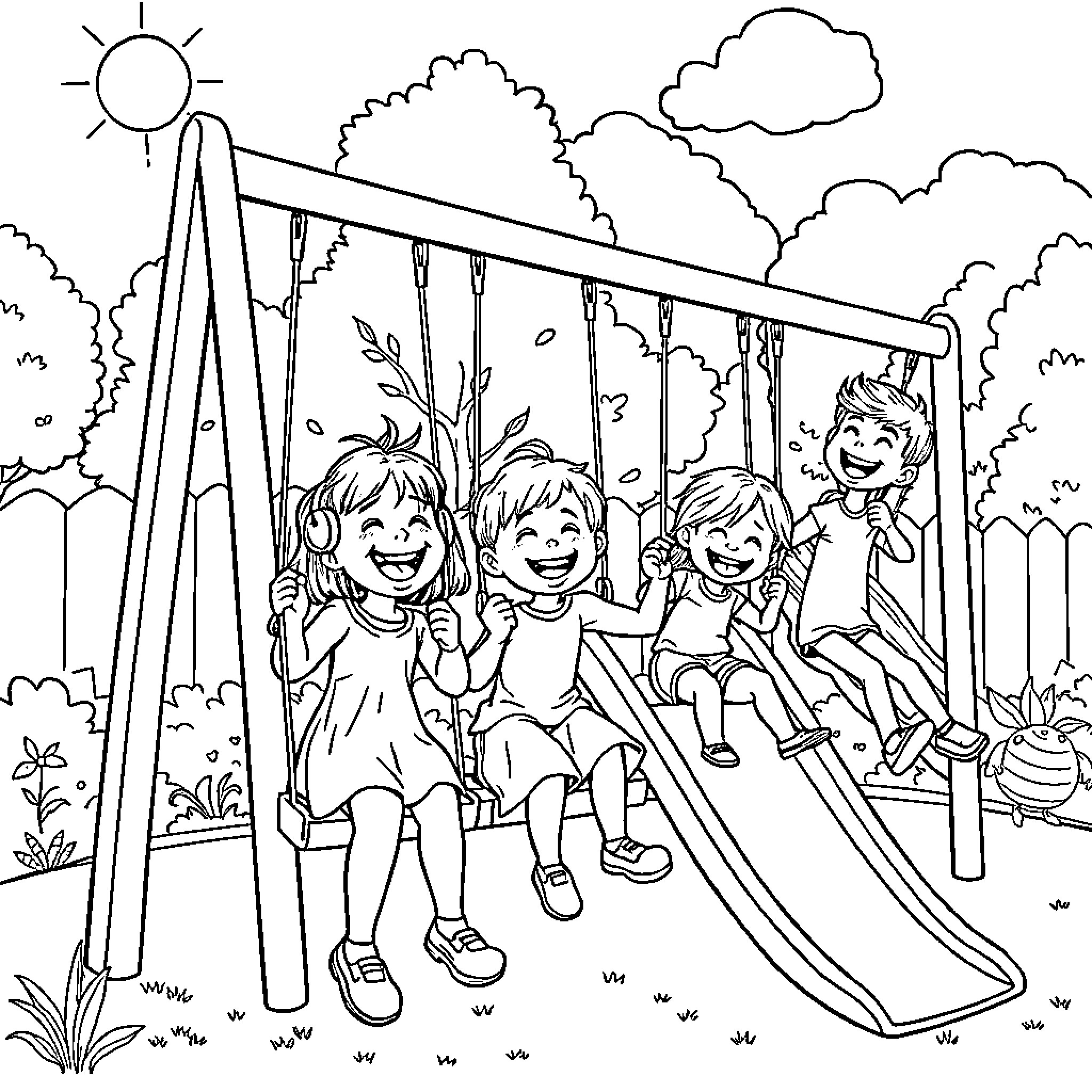 Playground fun with happy children on swing Coloring Page (free black-and-white line drawing printable PDF for all, from beginners to advanced learners, including children, teens, adults, and seniors)
