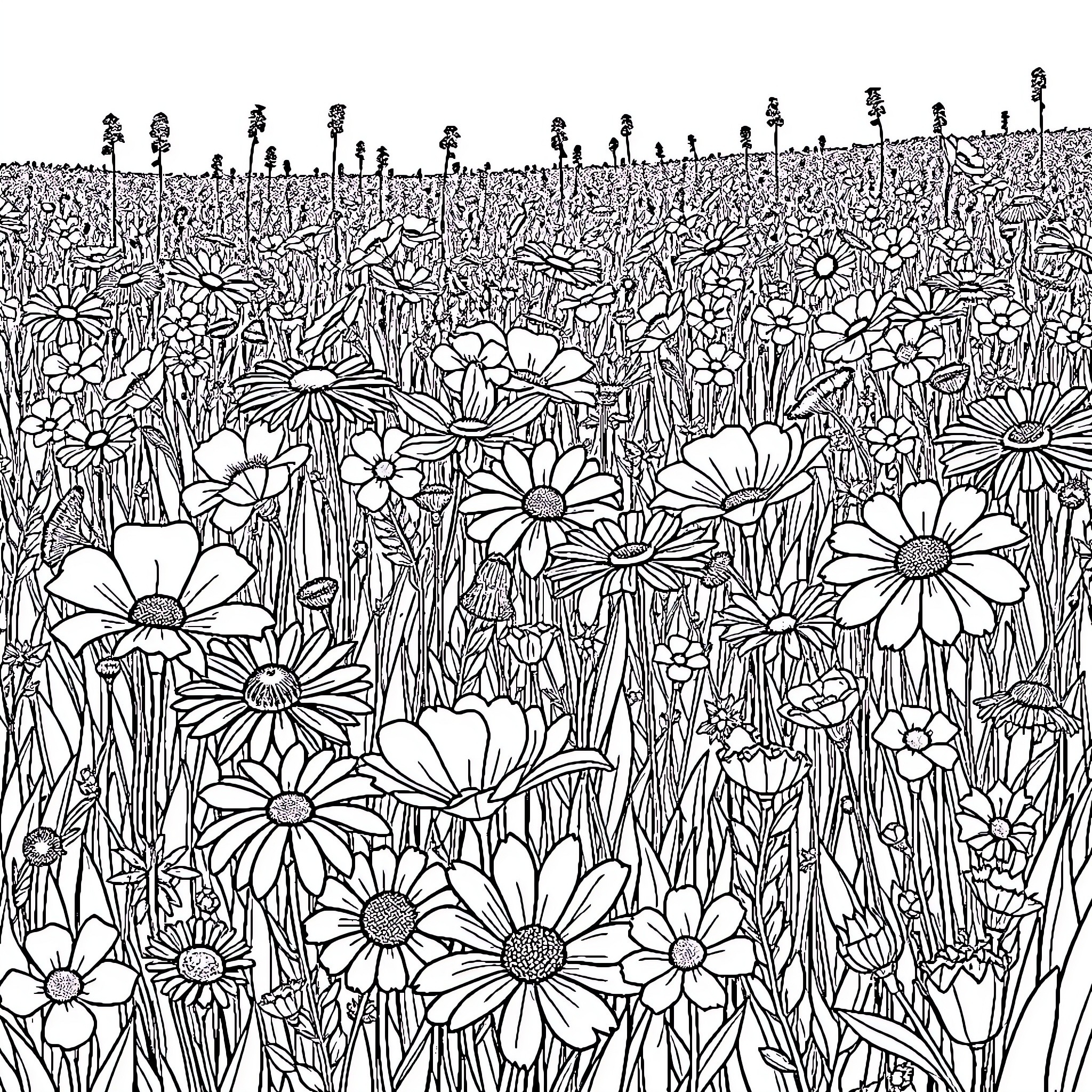 Wildflower field in full bloom Coloring Page (free black-and-white line drawing printable PDF for all, from beginners to advanced learners, including children, teens, adults, and seniors)