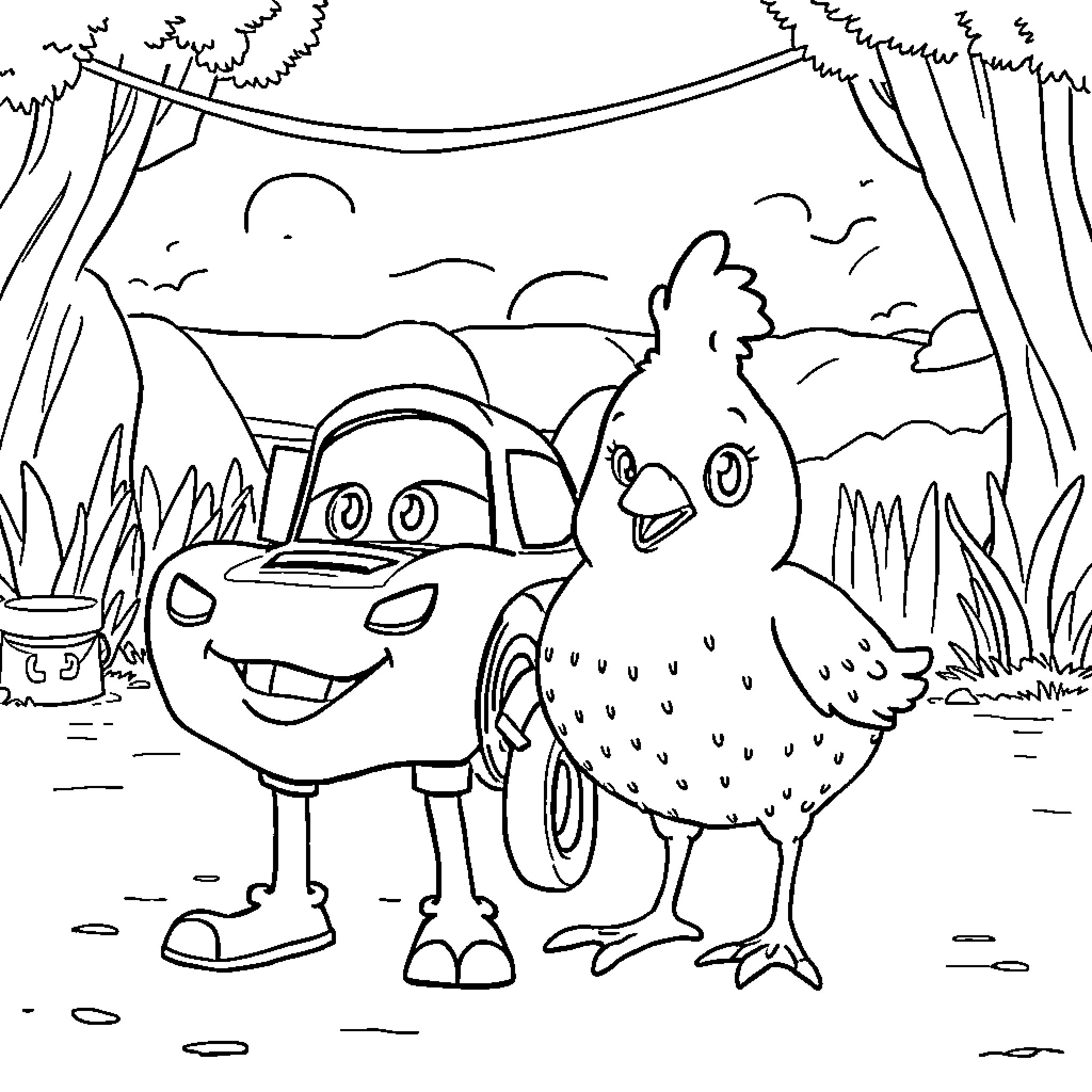 Rayo McQueen and a Friendly Chicken in the Wild Coloring Page (free black-and-white line drawing printable PDF for all, from beginners to advanced learners, including children, teens, adults, and seniors)