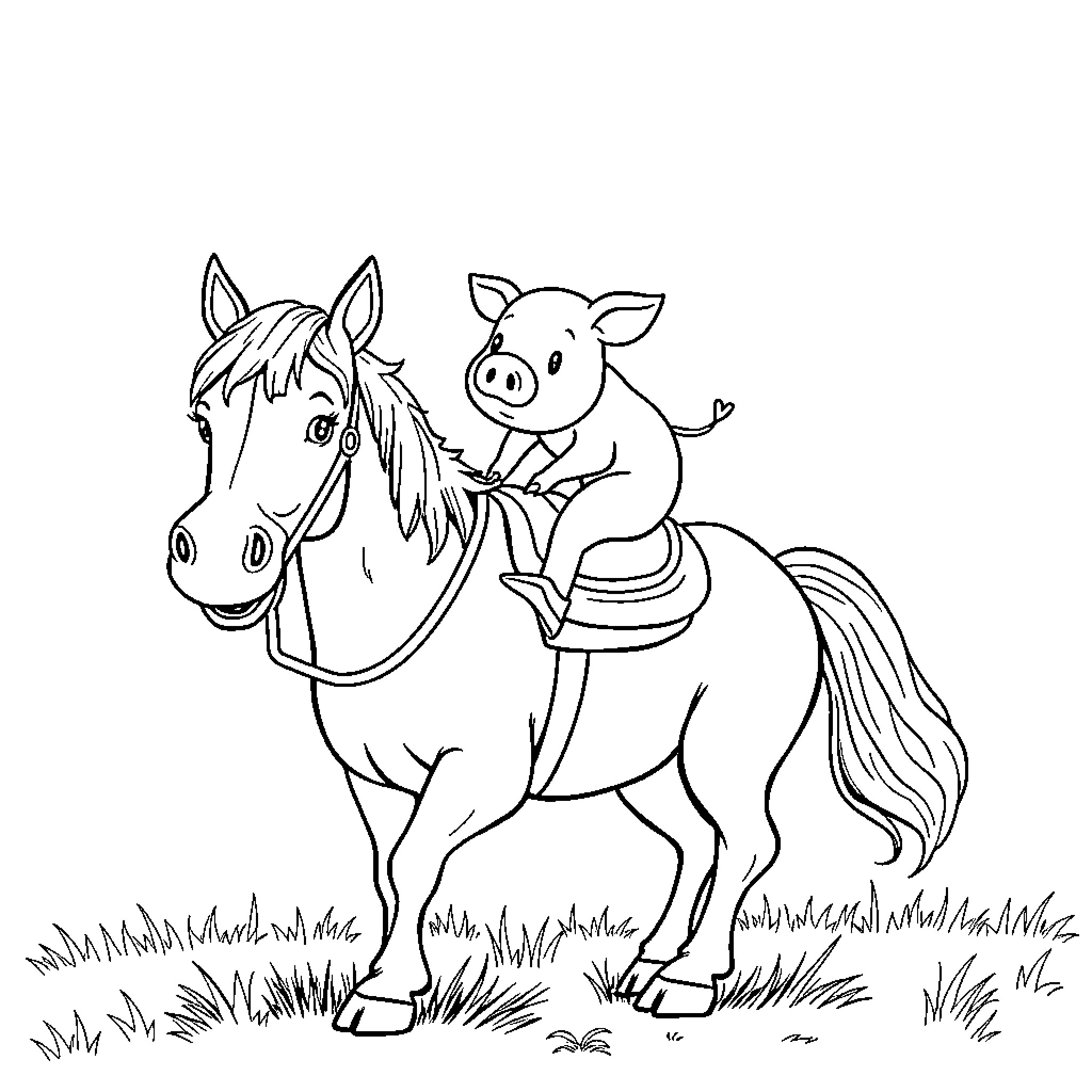 Pig riding on a horse in a field Coloring Page (free black-and-white line drawing printable PDF for all, from beginners to advanced learners, including children, teens, adults, and seniors)