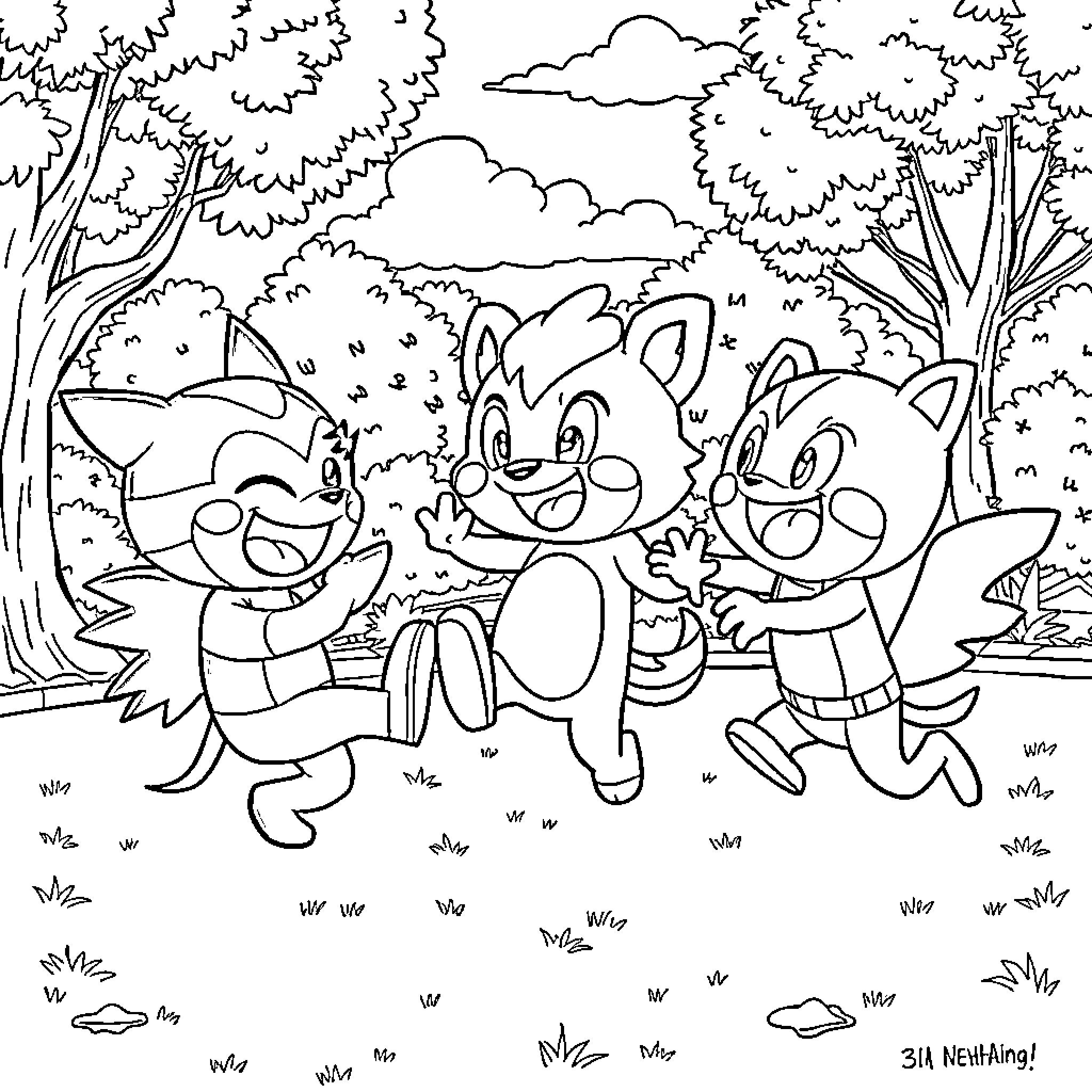 Krumi and their Friends Frolicking in the Forest Coloring Page (free black-and-white line drawing printable PDF for all, from beginners to advanced learners, including children, teens, adults, and seniors)