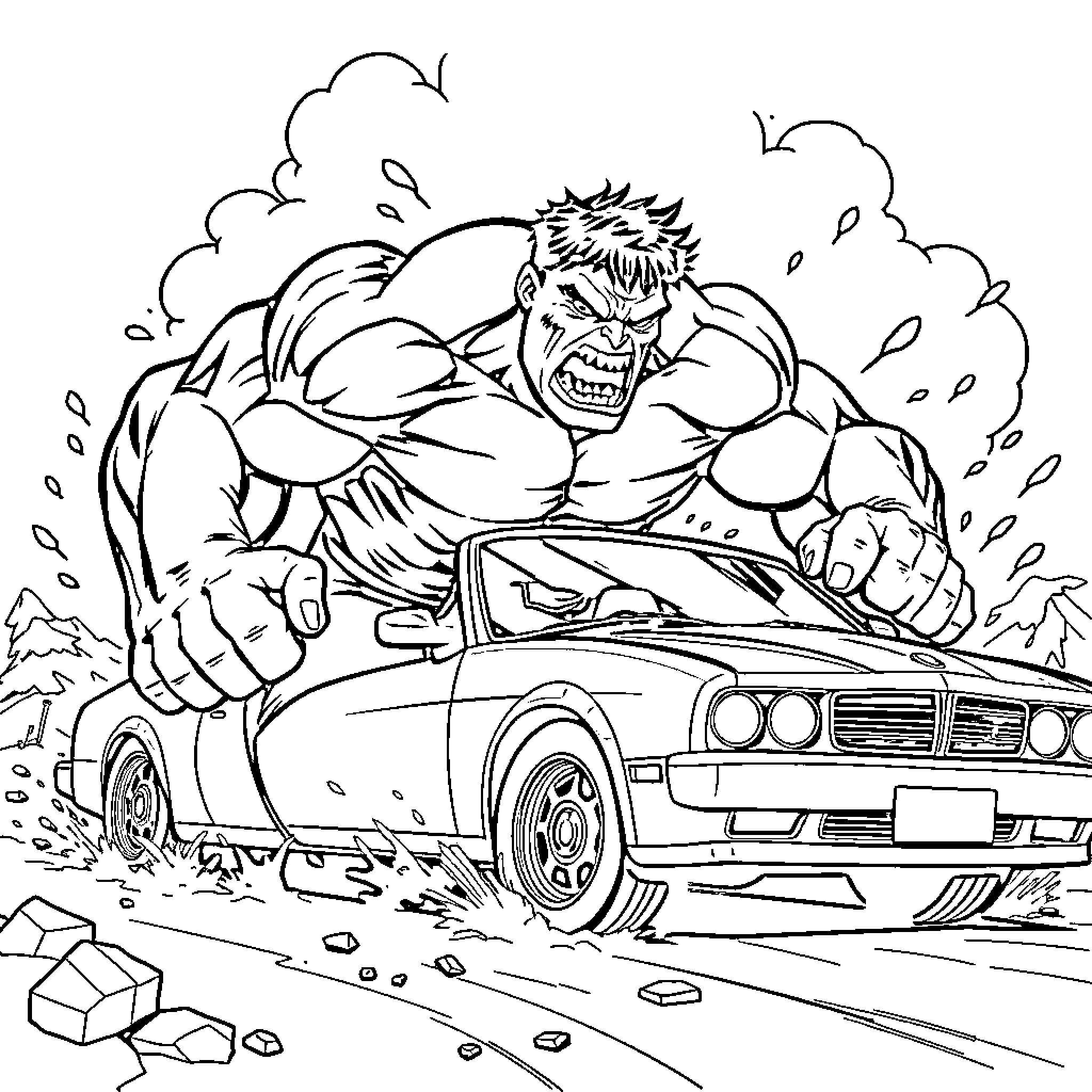 Hulk Smashing Car in Destruction Scene Coloring Page (free black-and-white line drawing printable PDF for all, from beginners to advanced learners, including children, teens, adults, and seniors)