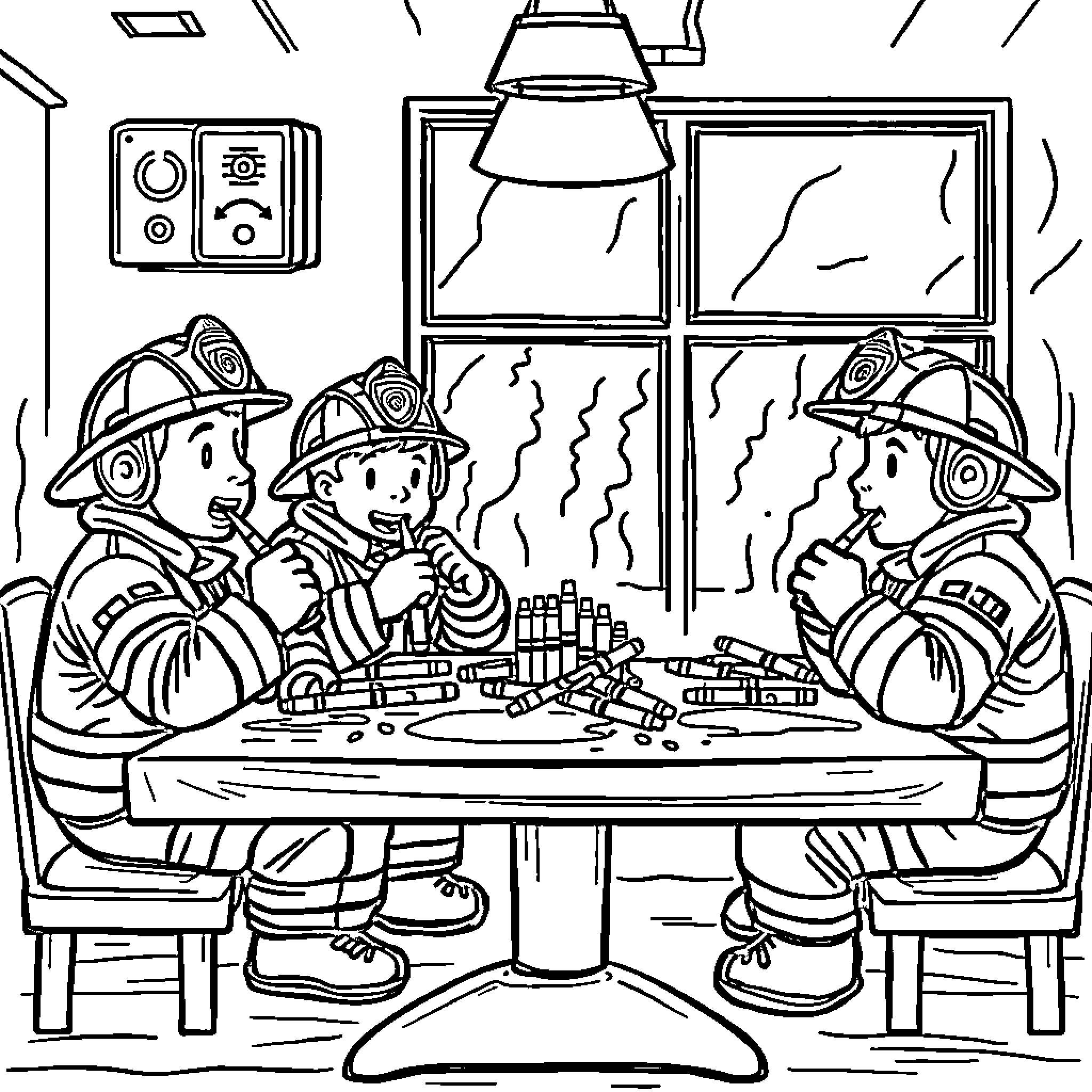 Firefighters Discussing Plans at the Station Coloring Page (free black-and-white line drawing printable PDF for all, from beginners to advanced learners, including children, teens, adults, and seniors)