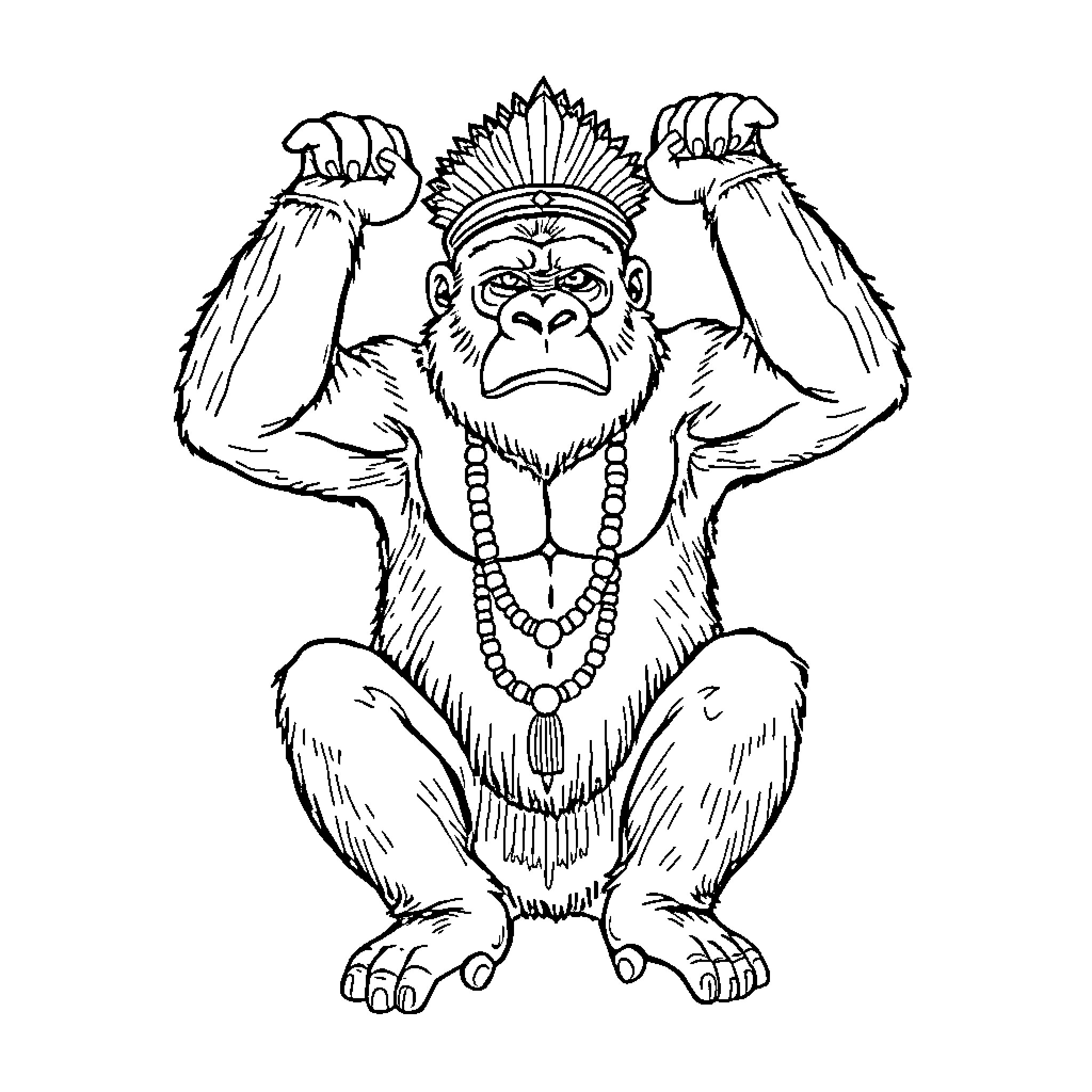 Gorilla Tribal Chief Making Fierce Gesture Coloring Page (free black-and-white line drawing printable PDF for all, from beginners to advanced learners, including children, teens, adults, and seniors)
