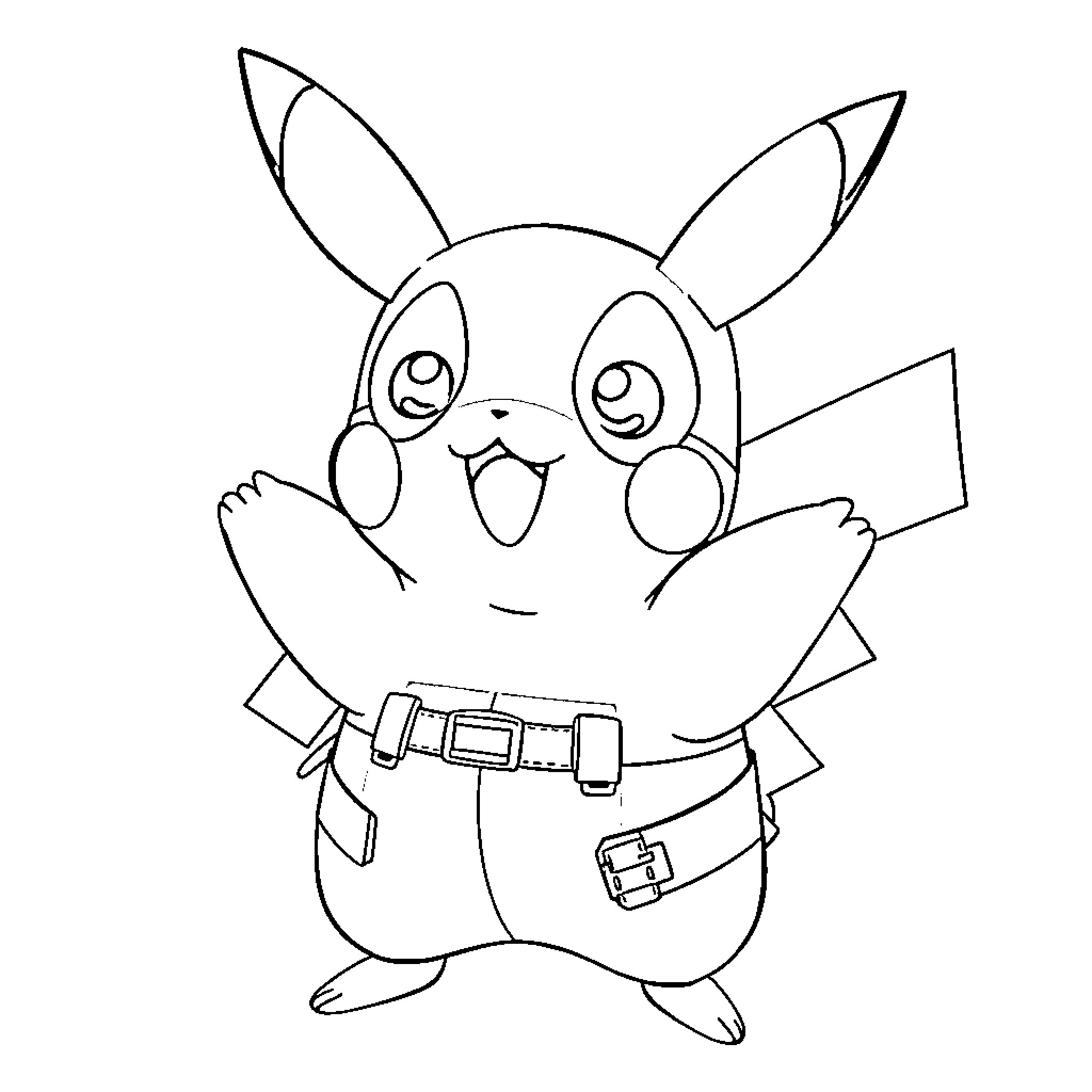 Pikachu posing with accessories Coloring Page (free black-and-white line drawing printable PDF for all, from beginners to advanced learners, including children, teens, adults, and seniors)