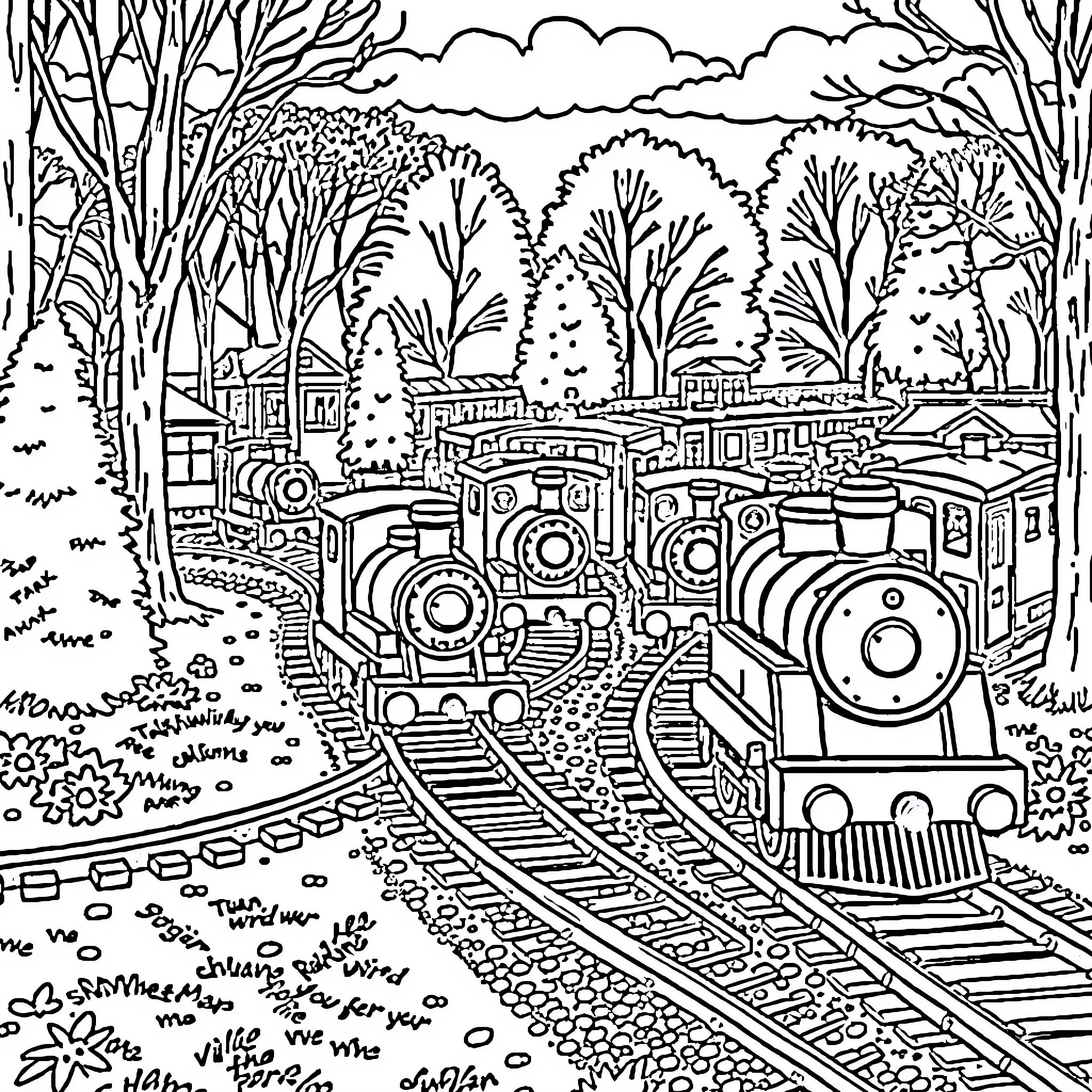 Engine of winter wonderland train traversing snowy forest Coloring Page (free black-and-white line drawing printable PDF for all, from beginners to advanced learners, including children, teens, adults, and seniors)