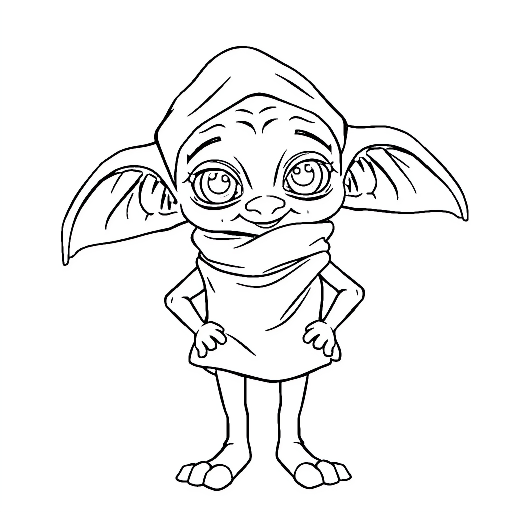 Dobby the Friendly Elf in Action Coloring Page (free black-and-white line drawing printable PDF for all, from beginners to advanced learners, including children, teens, adults, and seniors)