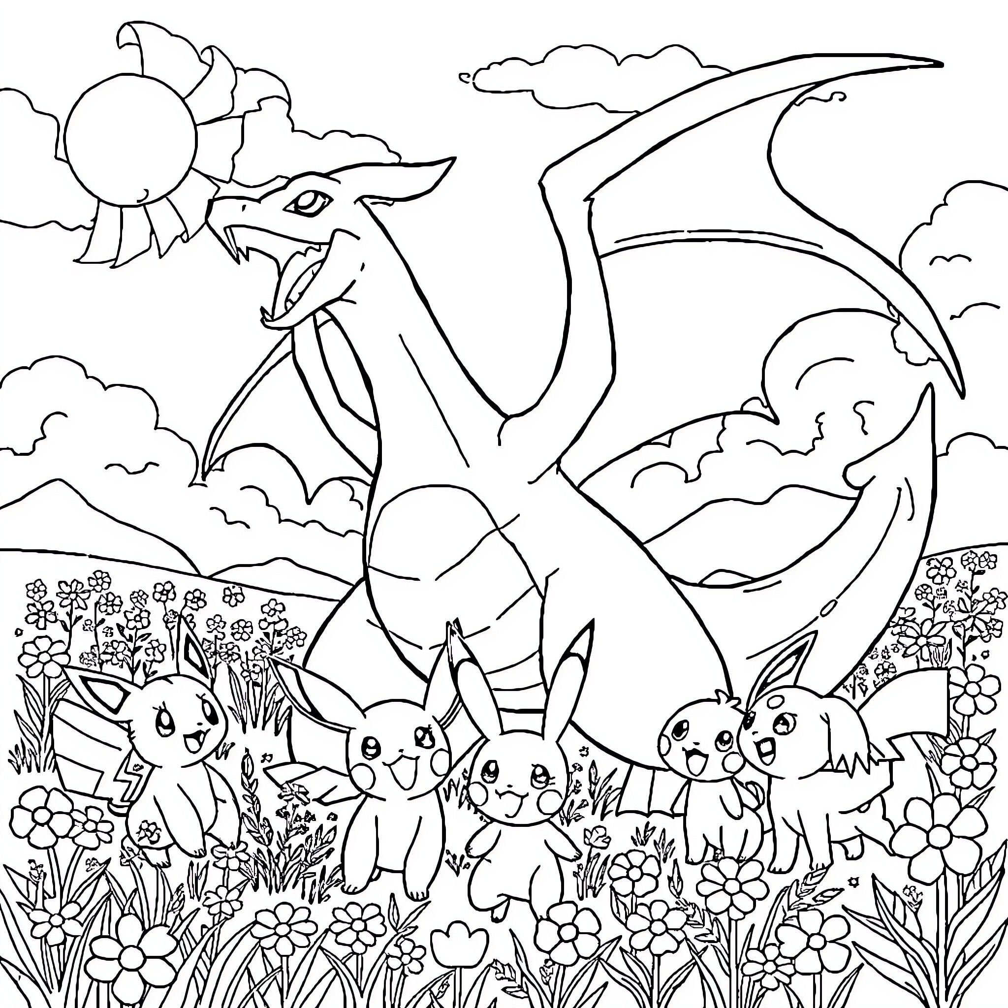 Rayquaza soaring in the sky with Pokemon companions Coloring Page (free black-and-white line drawing printable PDF for all, from beginners to advanced learners, including children, teens, adults, and seniors)