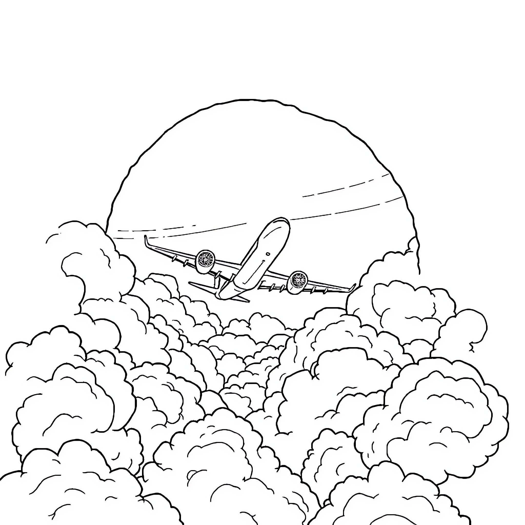 Airplane soaring through cloudy skies Coloring Page (free black-and-white line drawing printable PDF for all, from beginners to advanced learners, including children, teens, adults, and seniors)