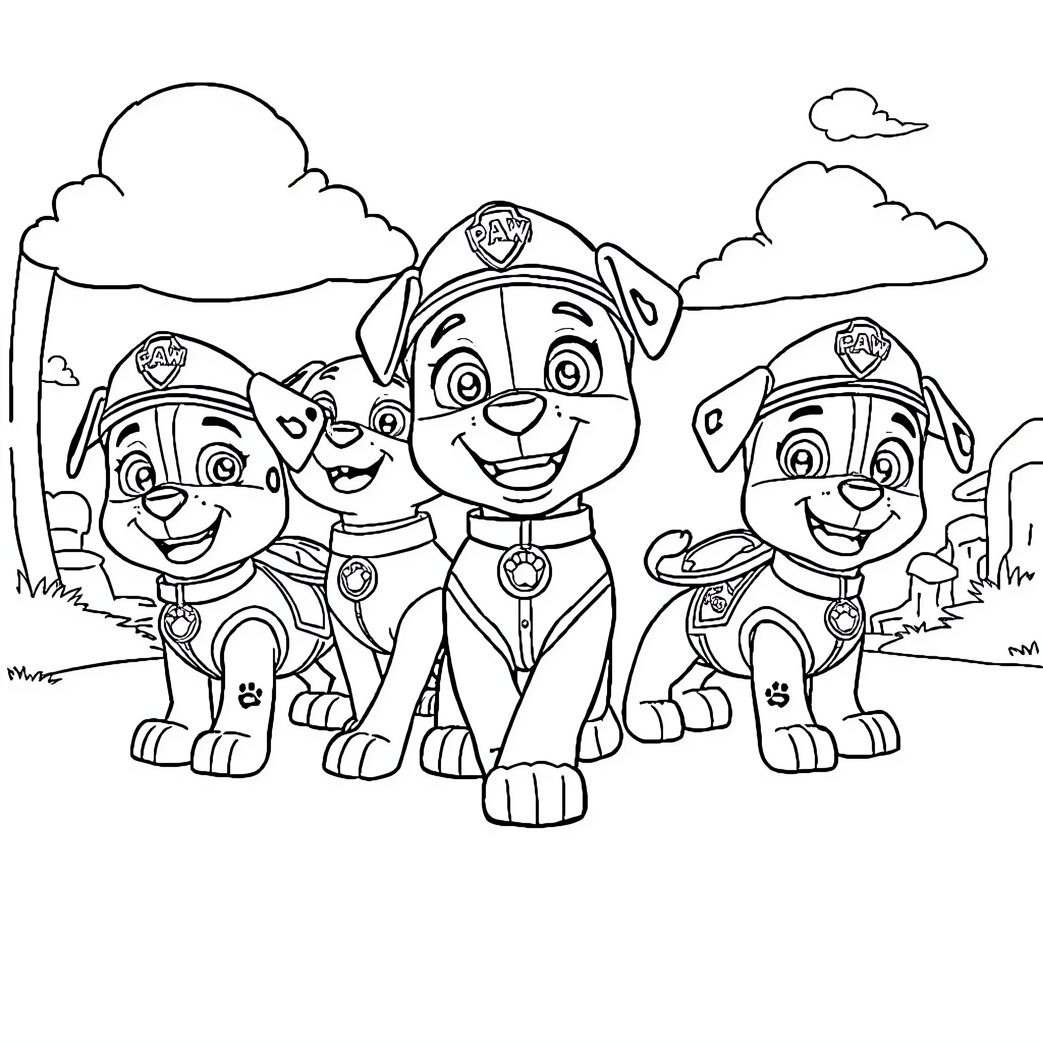 Paw Patrol Puppies Excited in Outdoor Scene Coloring Page (free black-and-white line drawing printable PDF for all, from beginners to advanced learners, including children, teens, adults, and seniors)