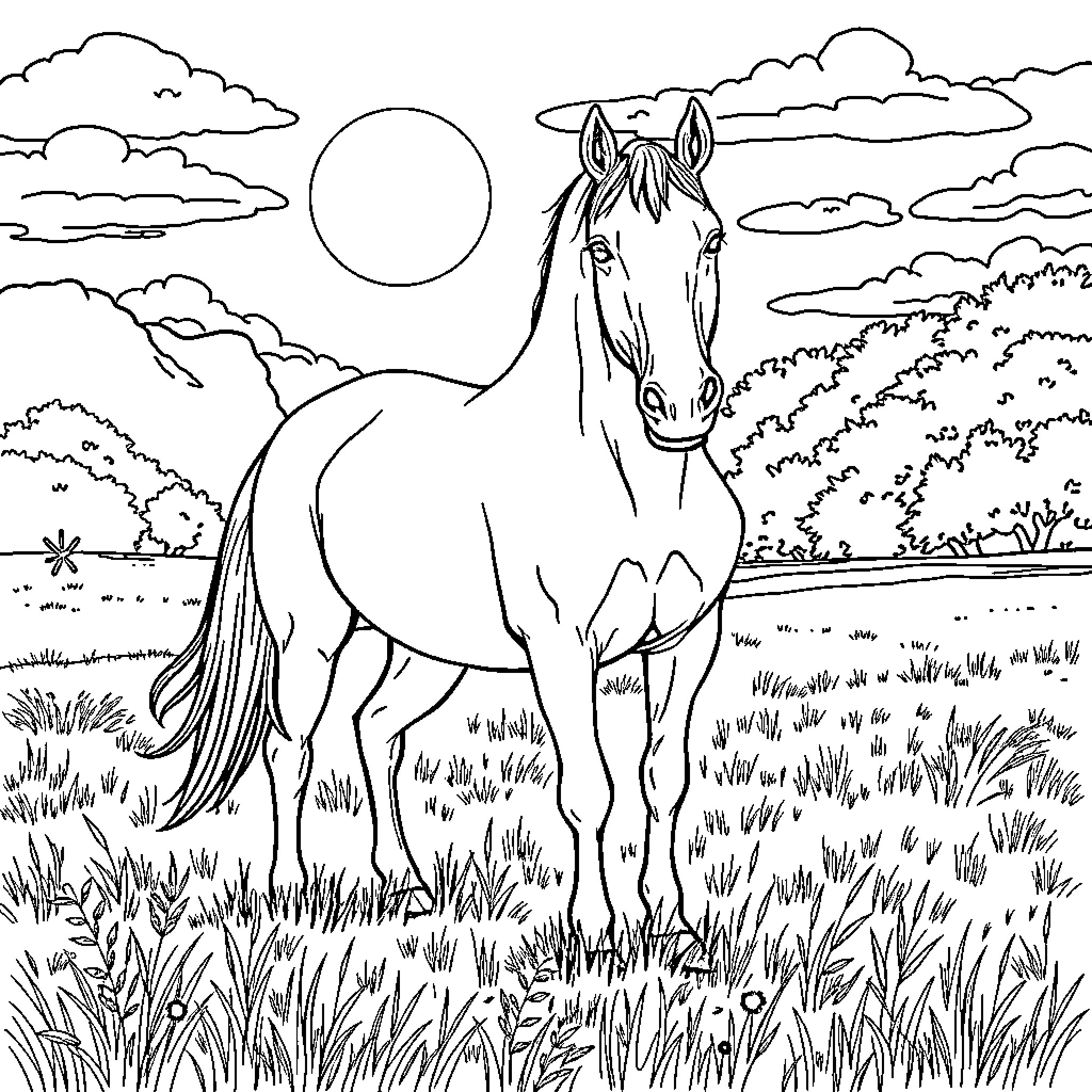 Horse grazing peacefully in scenic landscape Coloring Page (free black-and-white line drawing printable PDF for all, from beginners to advanced learners, including children, teens, adults, and seniors)