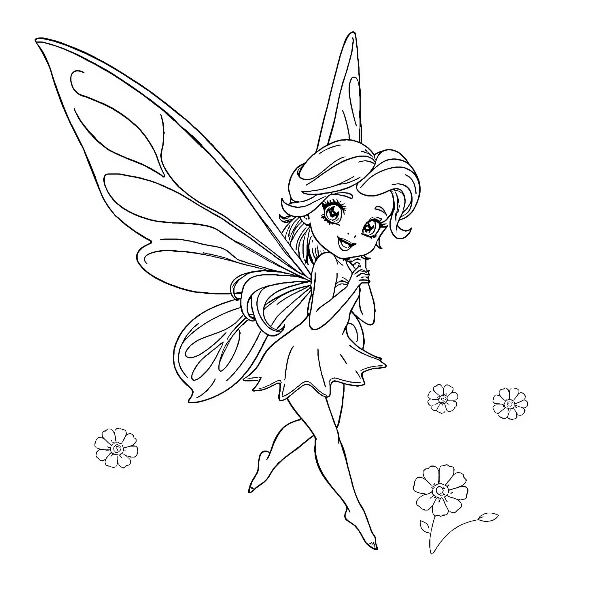Fairy in graceful dance with flowers Coloring Page (free black-and-white line drawing printable PDF for all, from beginners to advanced learners, including children, teens, adults, and seniors)