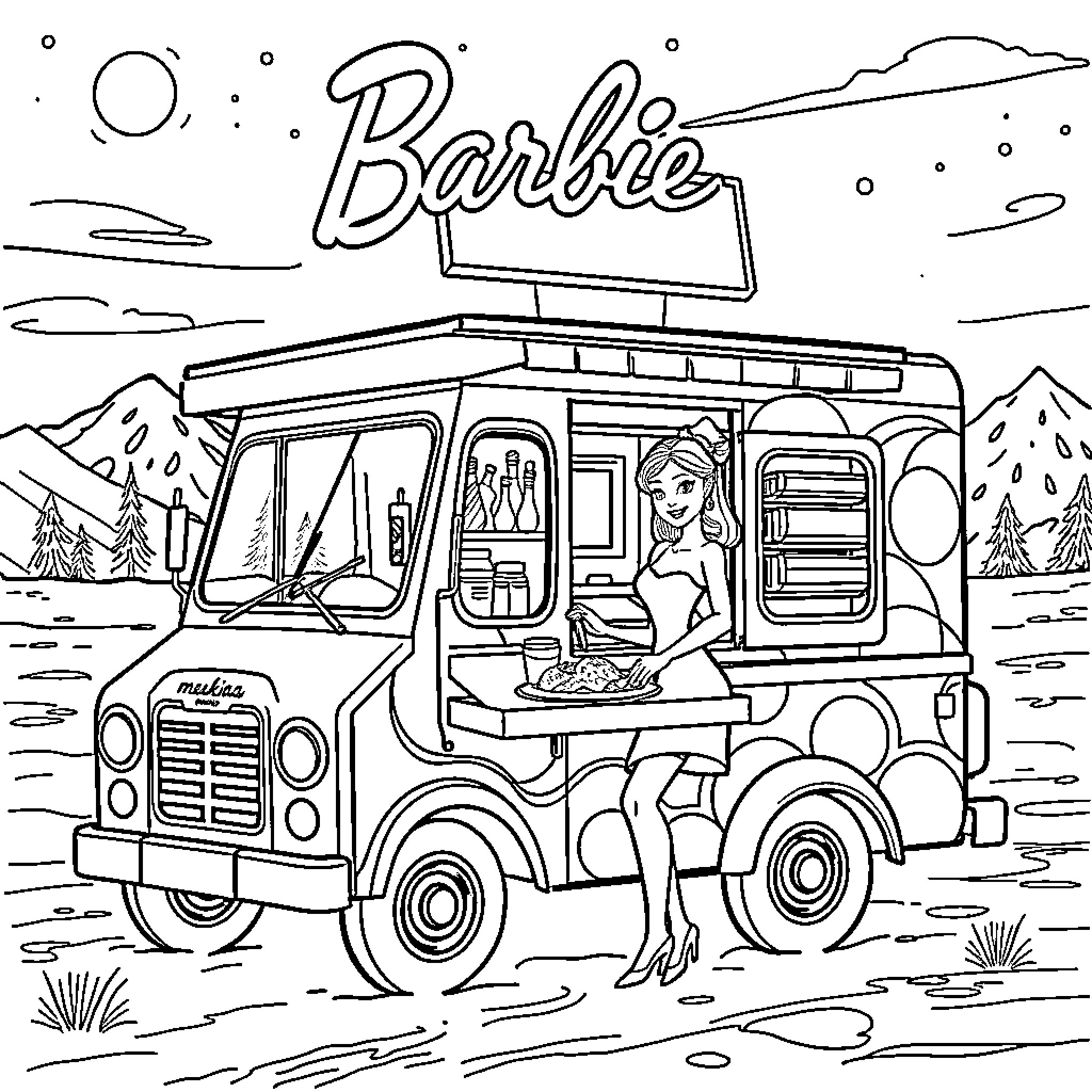 Barbie's Food Truck Adventure Coloring Page (free black-and-white line drawing printable PDF for all, from beginners to advanced learners, including children, teens, adults, and seniors)