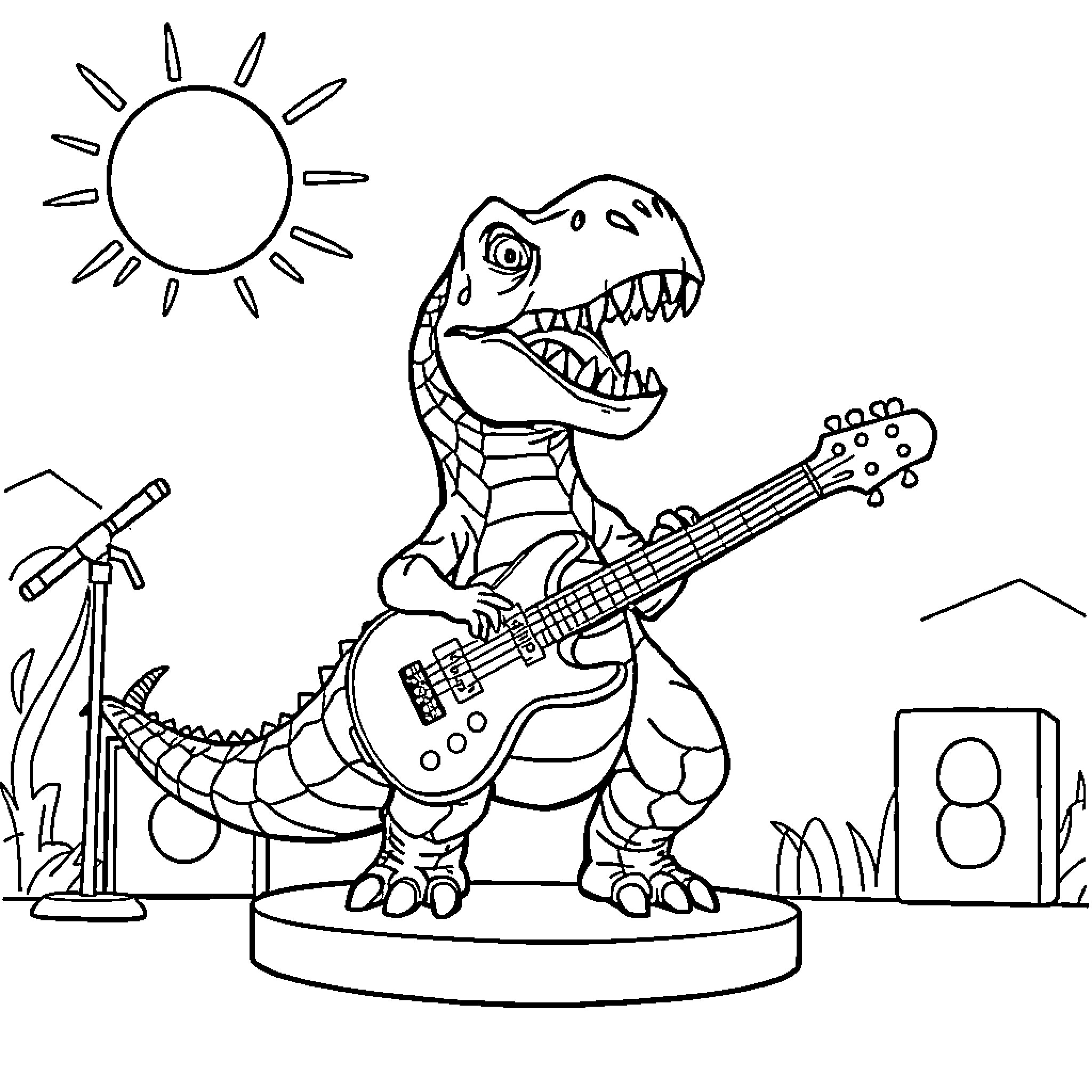 Dinosaur playing electric guitar on stage Coloring Page (free black-and-white line drawing printable PDF for all, from beginners to advanced learners, including children, teens, adults, and seniors)