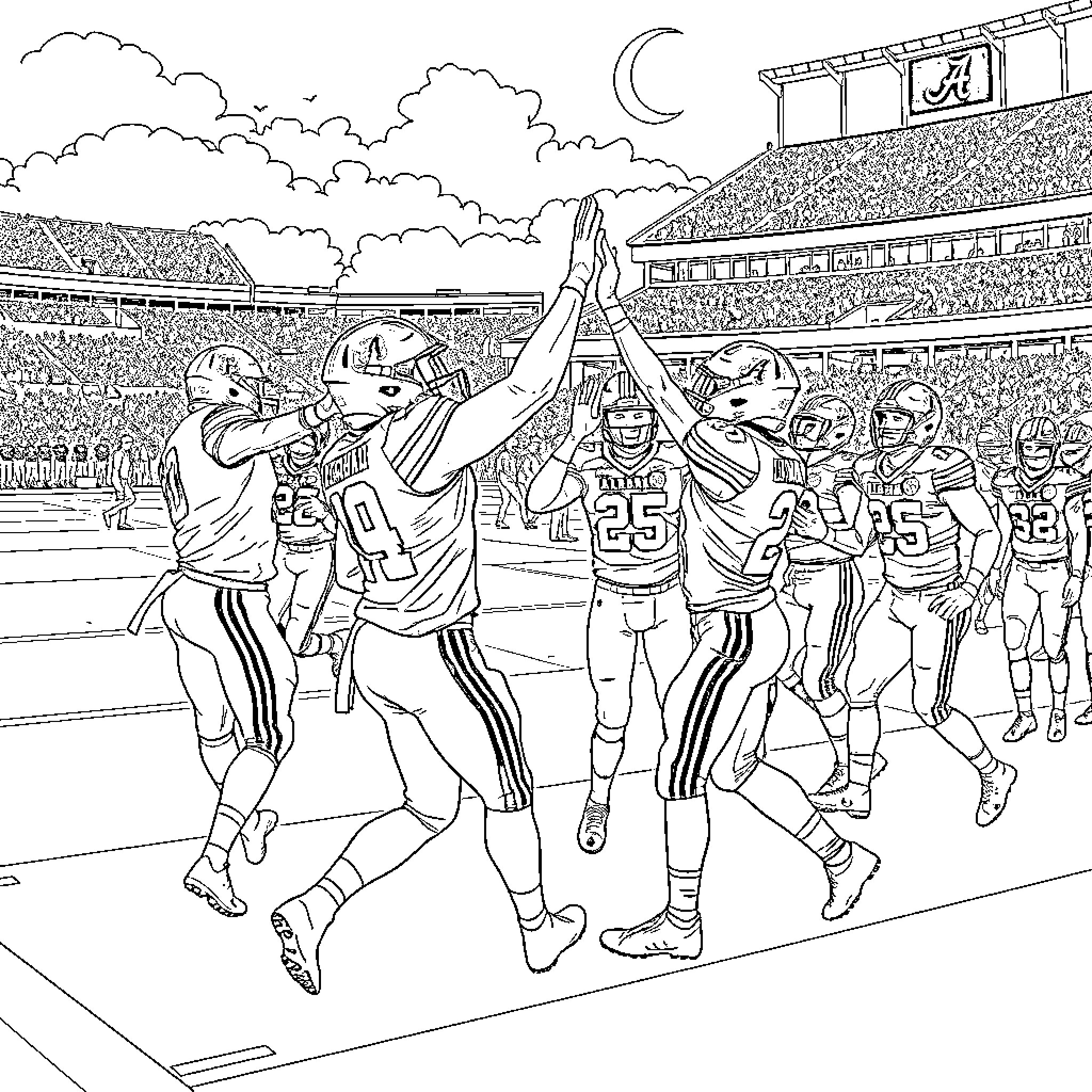 Football Players Celebrating Victory on the Field Coloring Page (free black-and-white line drawing printable PDF for all, from beginners to advanced learners, including children, teens, adults, and seniors)