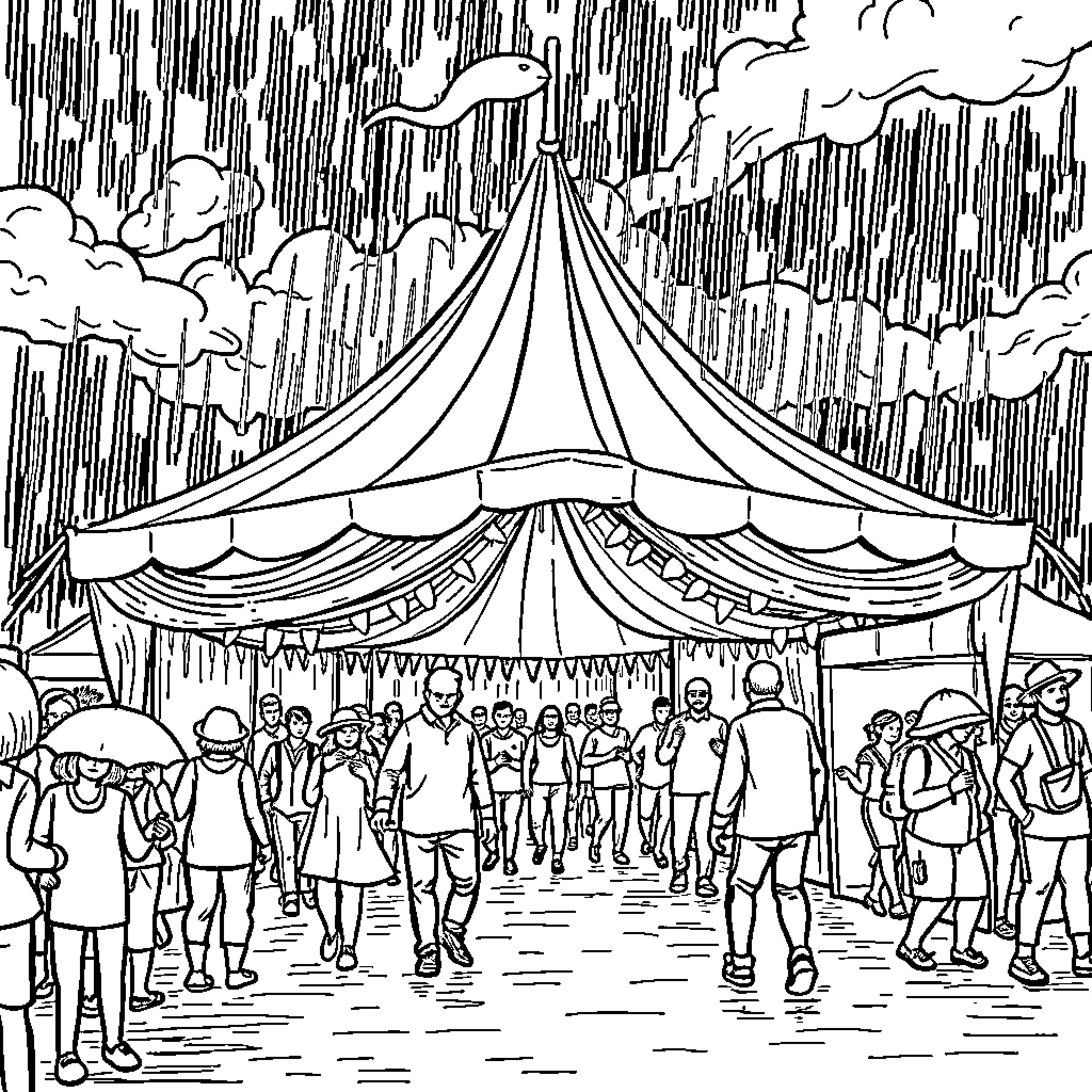 Tent performance in rainy weather Coloring Page (free black-and-white line drawing printable PDF for all, from beginners to advanced learners, including children, teens, adults, and seniors)