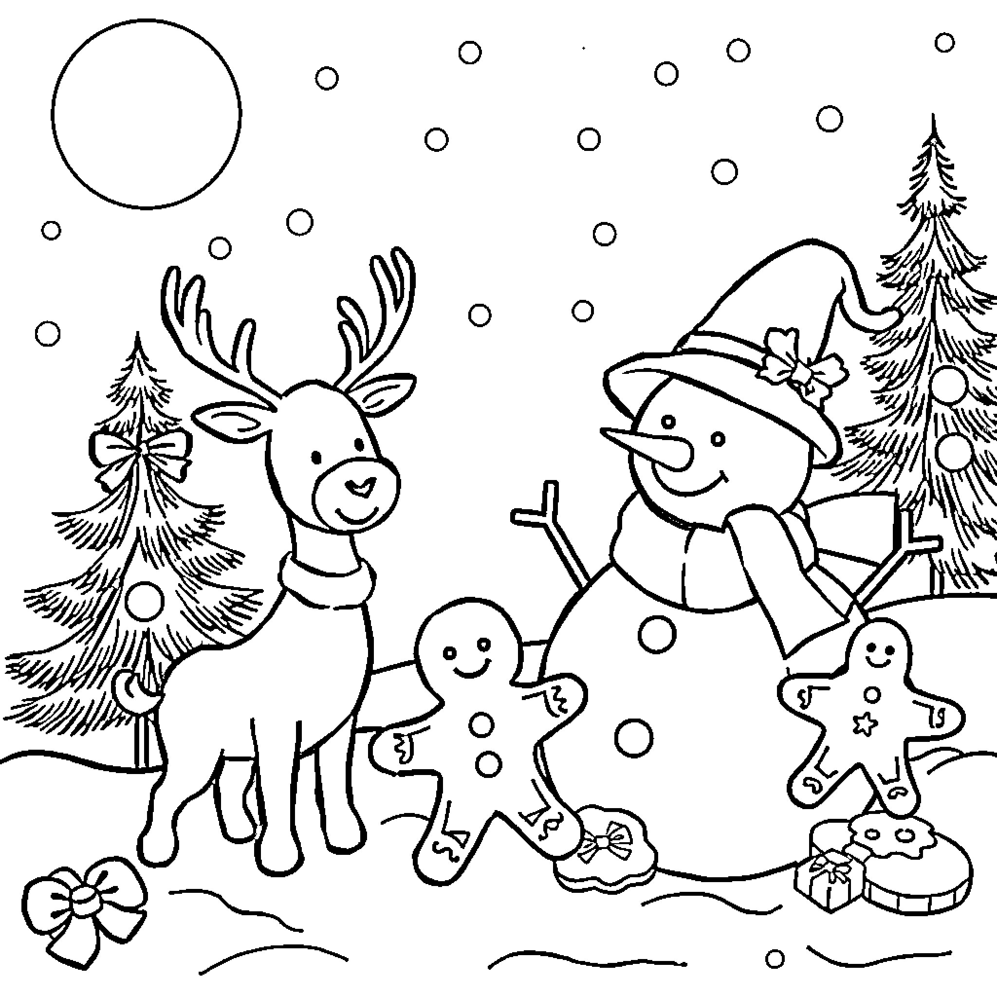 Christmas scene with deer, snowman, and gingerbread figures Coloring Page (free black-and-white line drawing printable PDF for all, from beginners to advanced learners, including children, teens, adults, and seniors)