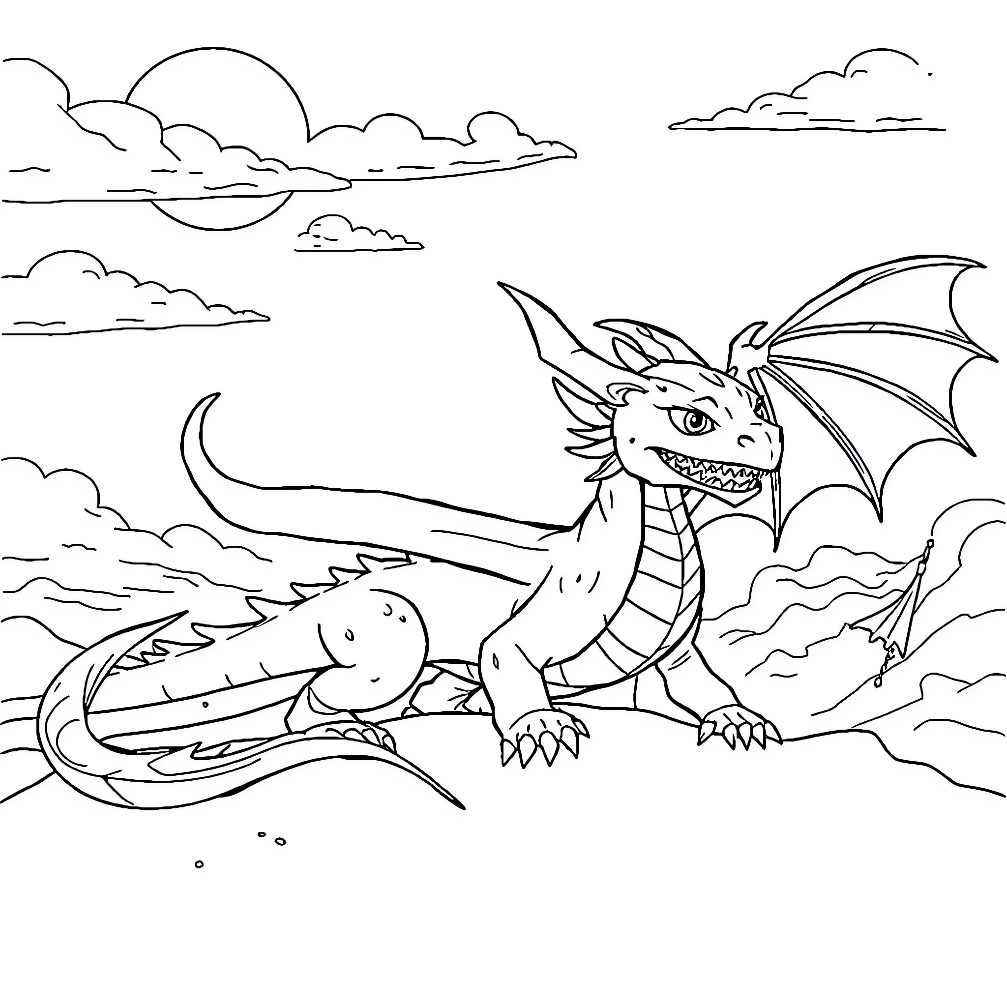 Dragon soaring through the cloudy sky Coloring Page (free black-and-white line drawing printable PDF for all, from beginners to advanced learners, including children, teens, adults, and seniors)