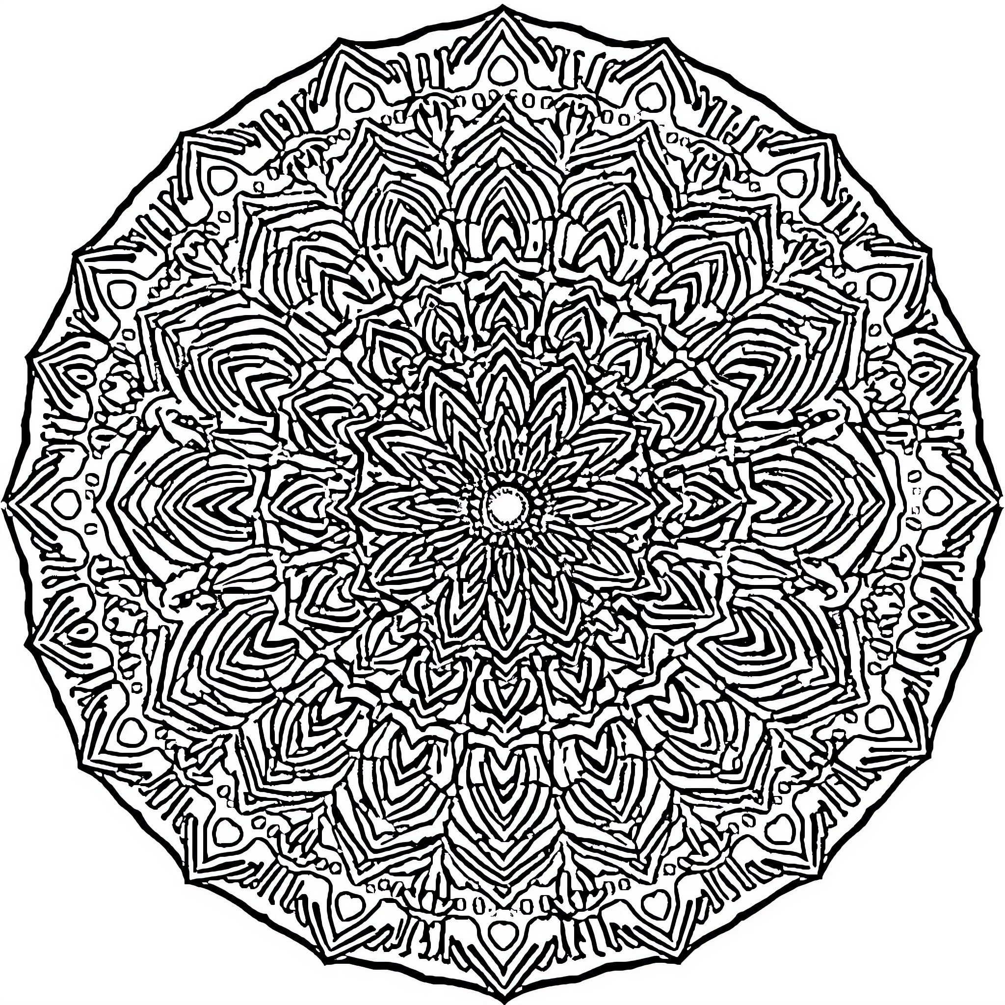 Mandala of intricate geometric patterns Coloring Page (free black-and-white line drawing printable PDF for all, from beginners to advanced learners, including children, teens, adults, and seniors)